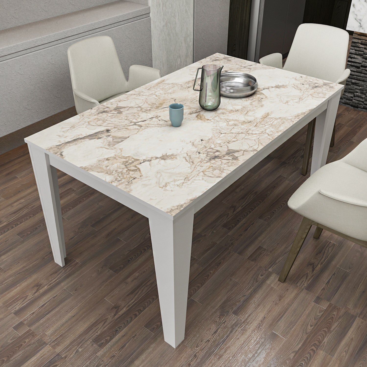 Mesa de Jantar Branca Elegante, 145 x 85 x 75 cm | Painel de Partículas 100% Revestido em Melamina, 18 mm de Espessura | Perfeita para Salas de Jantar e Reuniões Modernas