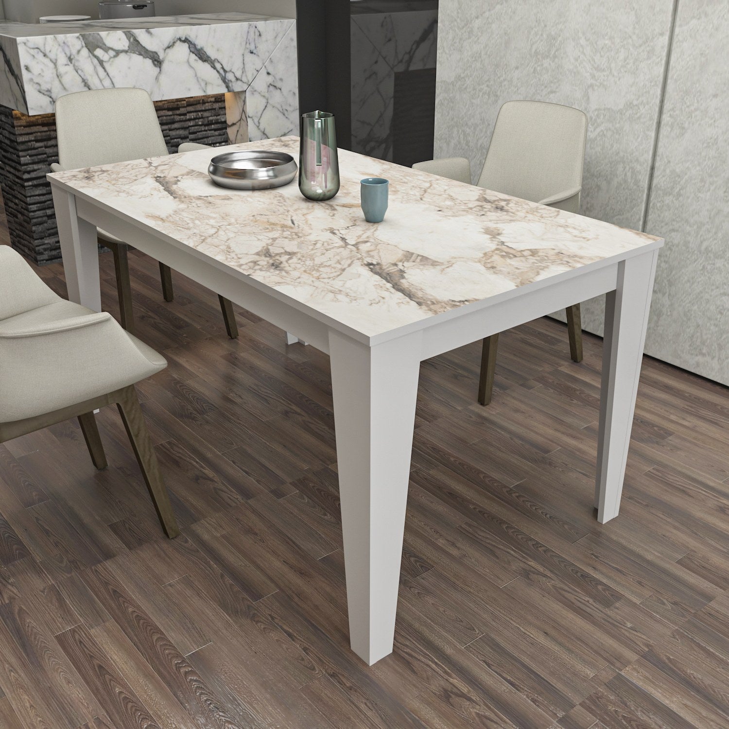 Mesa de Jantar Branca Elegante, 145 x 85 x 75 cm | Painel de Partículas 100% Revestido em Melamina, 18 mm de Espessura | Perfeita para Salas de Jantar e Reuniões Modernas