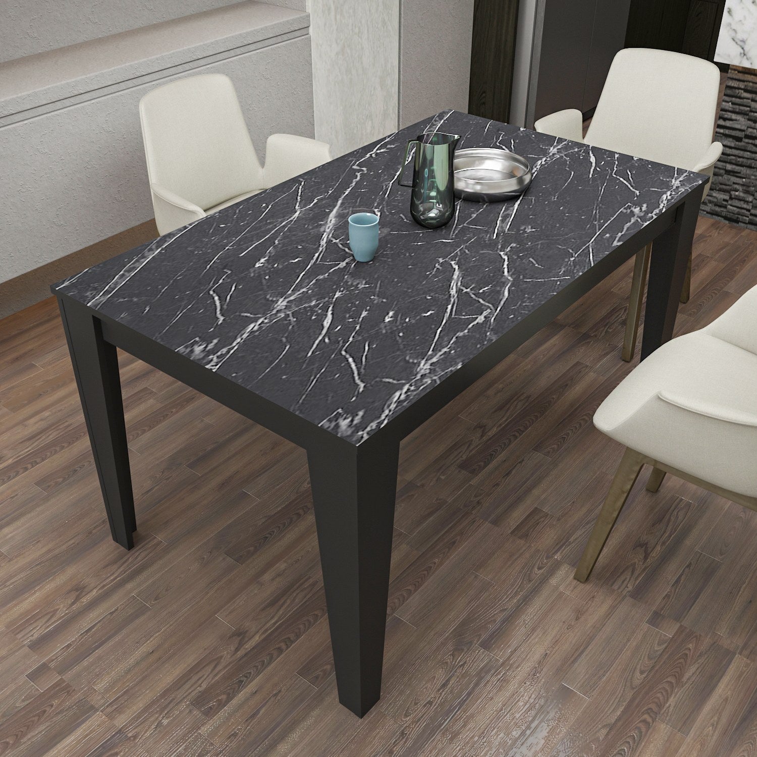 Mesa de Jantar Elegante, Preta e Mármore, 145 x 85 x 75 cm | Painel de Partículas 100% Revestido em Melamina, 18 mm de Espessura | Perfeita para Salas de Jantar Modernas