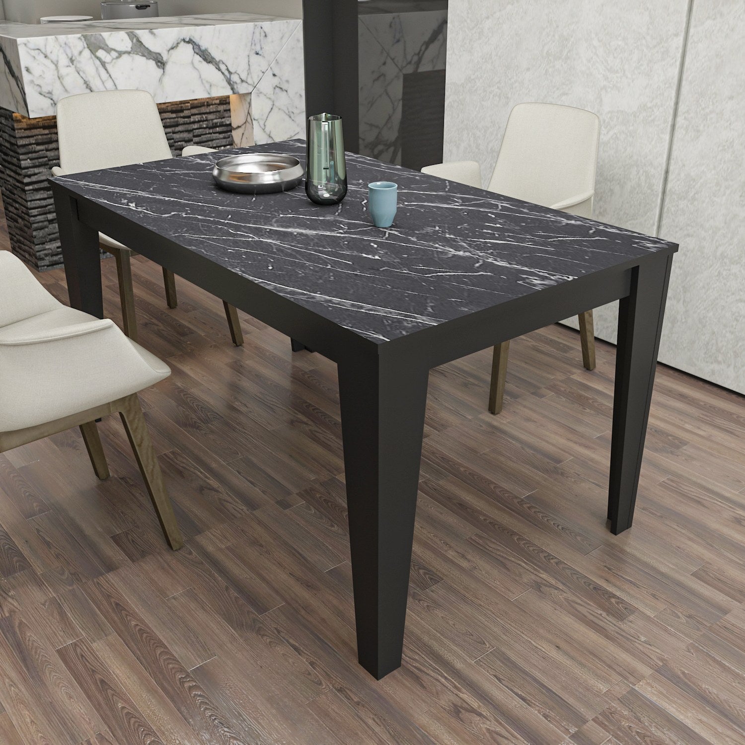 Mesa de Jantar Elegante, Preta e Mármore, 145 x 85 x 75 cm | Painel de Partículas 100% Revestido em Melamina, 18 mm de Espessura | Perfeita para Salas de Jantar Modernas