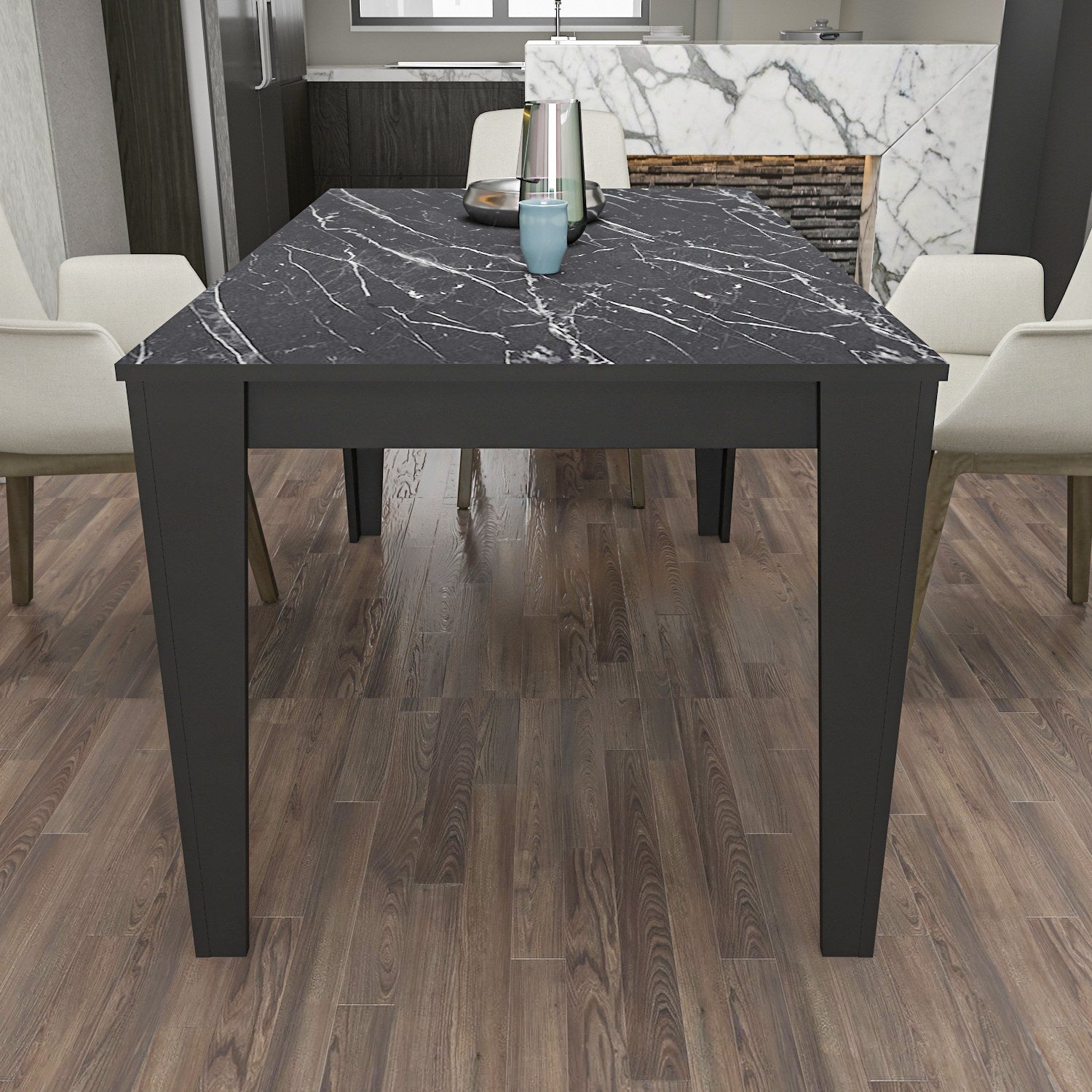 Mesa de Jantar Elegante, Preta e Mármore, 145 x 85 x 75 cm | Painel de Partículas 100% Revestido em Melamina, 18 mm de Espessura | Perfeita para Salas de Jantar Modernas