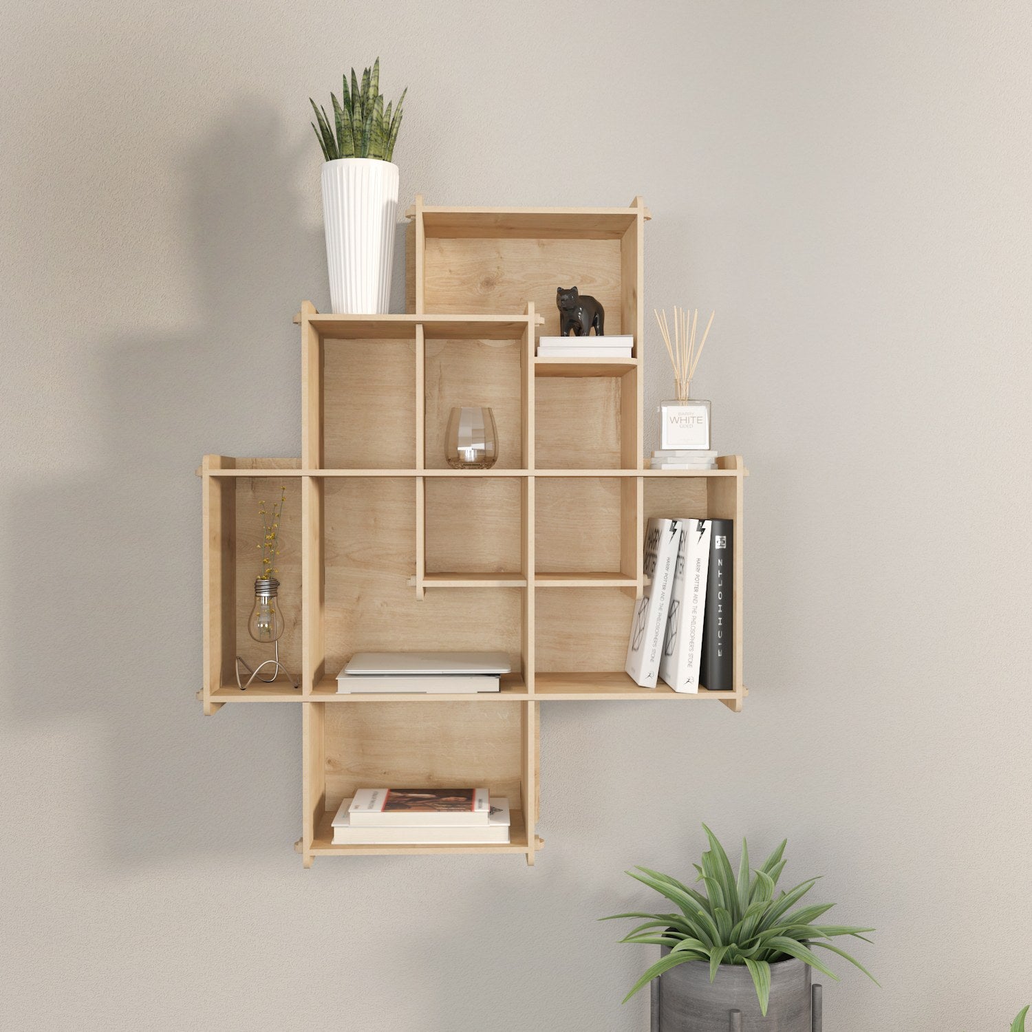 Prateleira de parede elegante em carvalho, 70 cm x 88,7 cm x 21 cm | Painel de partículas 100% revestido em melamina, 8 mm de espessura | Perfeito para decoração moderna e soluções de armazenamento