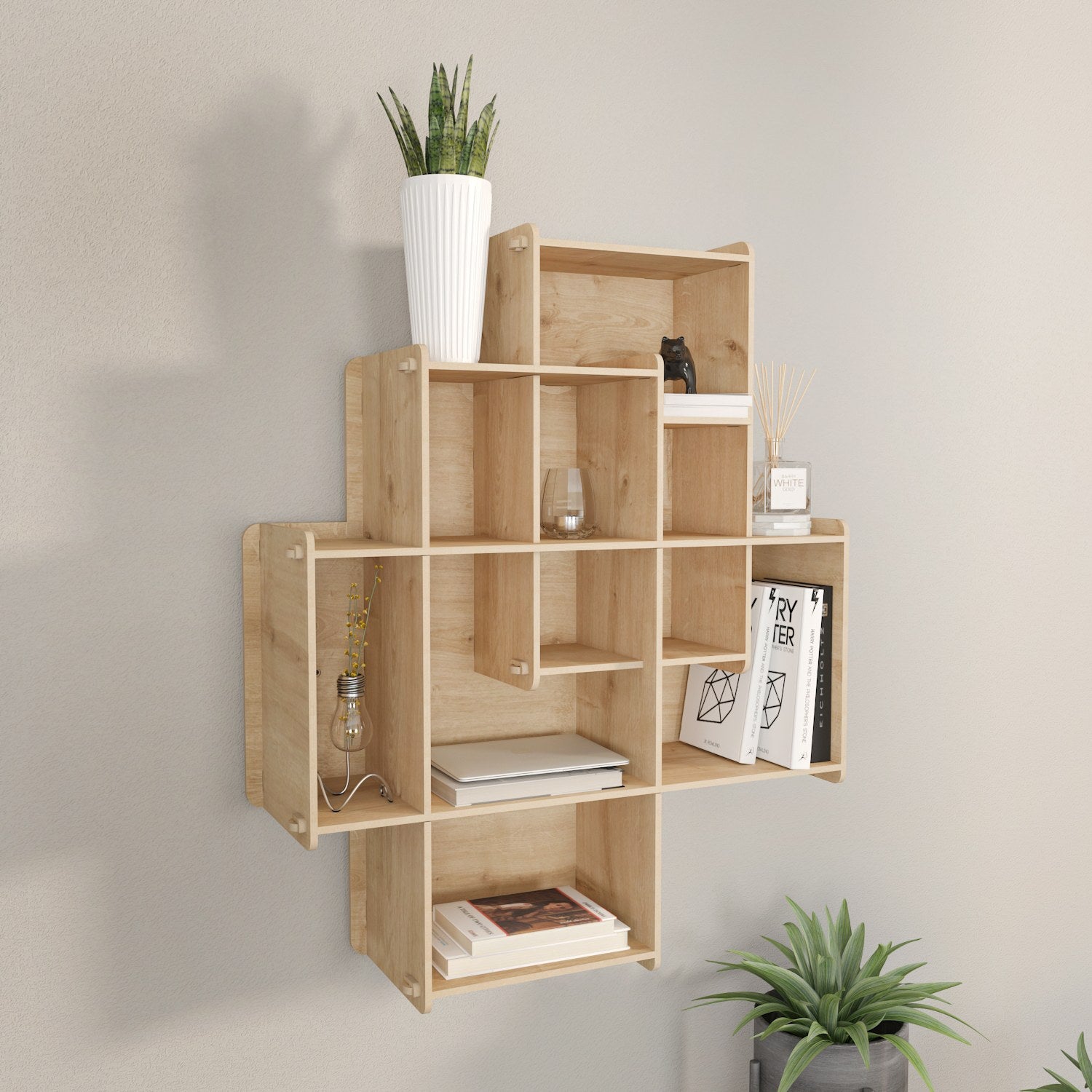 Prateleira de parede elegante em carvalho, 70 cm x 88,7 cm x 21 cm | Painel de partículas 100% revestido em melamina, 8 mm de espessura | Perfeito para decoração moderna e soluções de armazenamento
