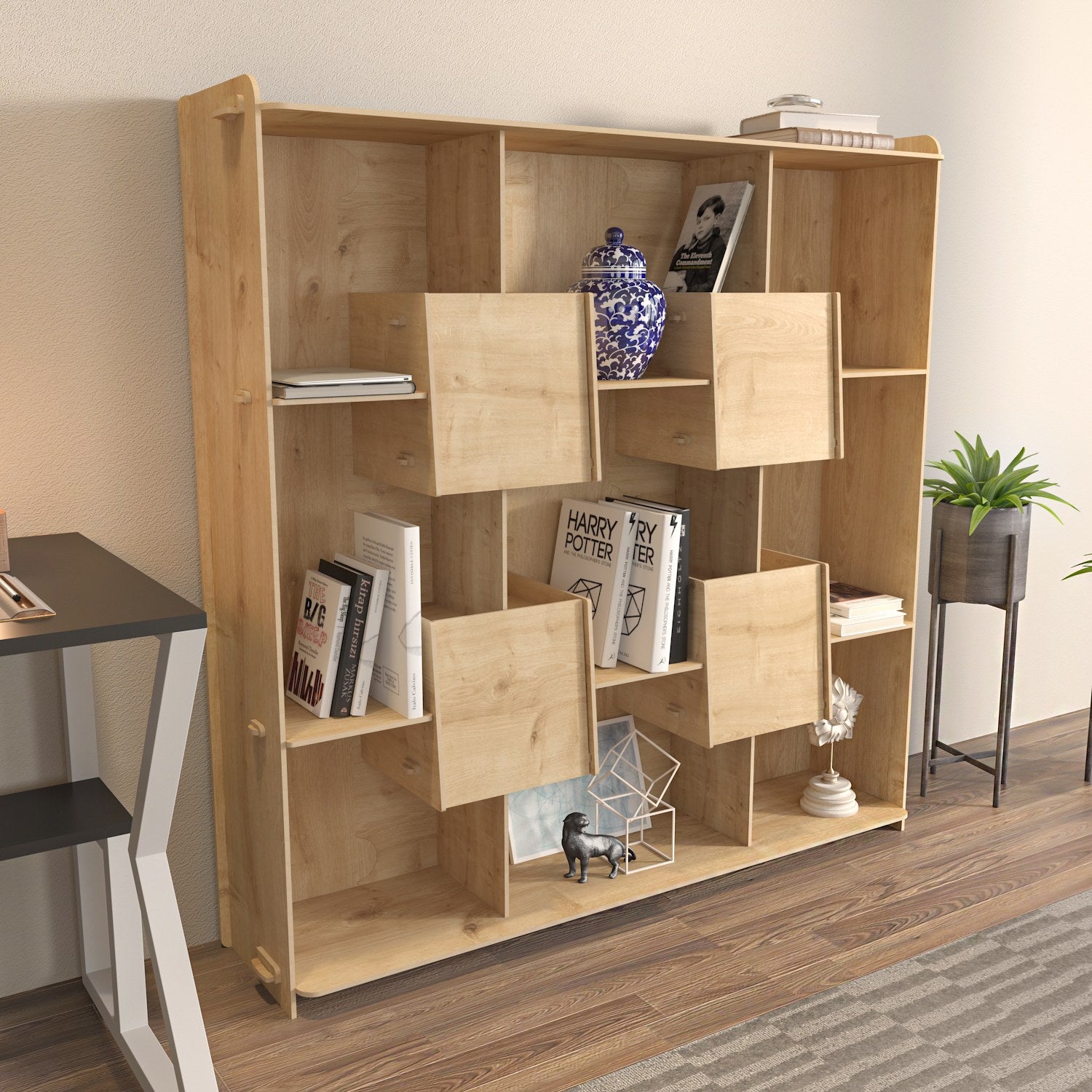 Estante de carvalho elegante, 136,7 x 138 x 27,5 cm | Painel de partículas 100% revestido de melamina, 8 mm de espessura | Perfeito para decoração moderna de casa e escritório