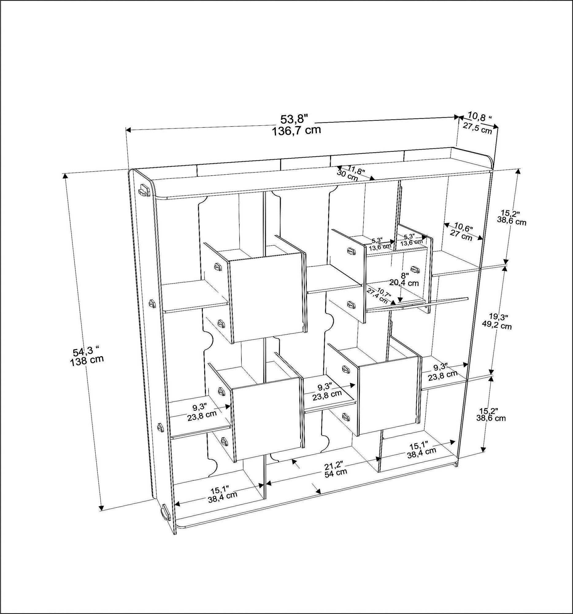 Estante de carvalho elegante, 136,7 x 138 x 27,5 cm | Painel de partículas 100% revestido de melamina, 8 mm de espessura | Perfeito para decoração moderna de casa e escritório