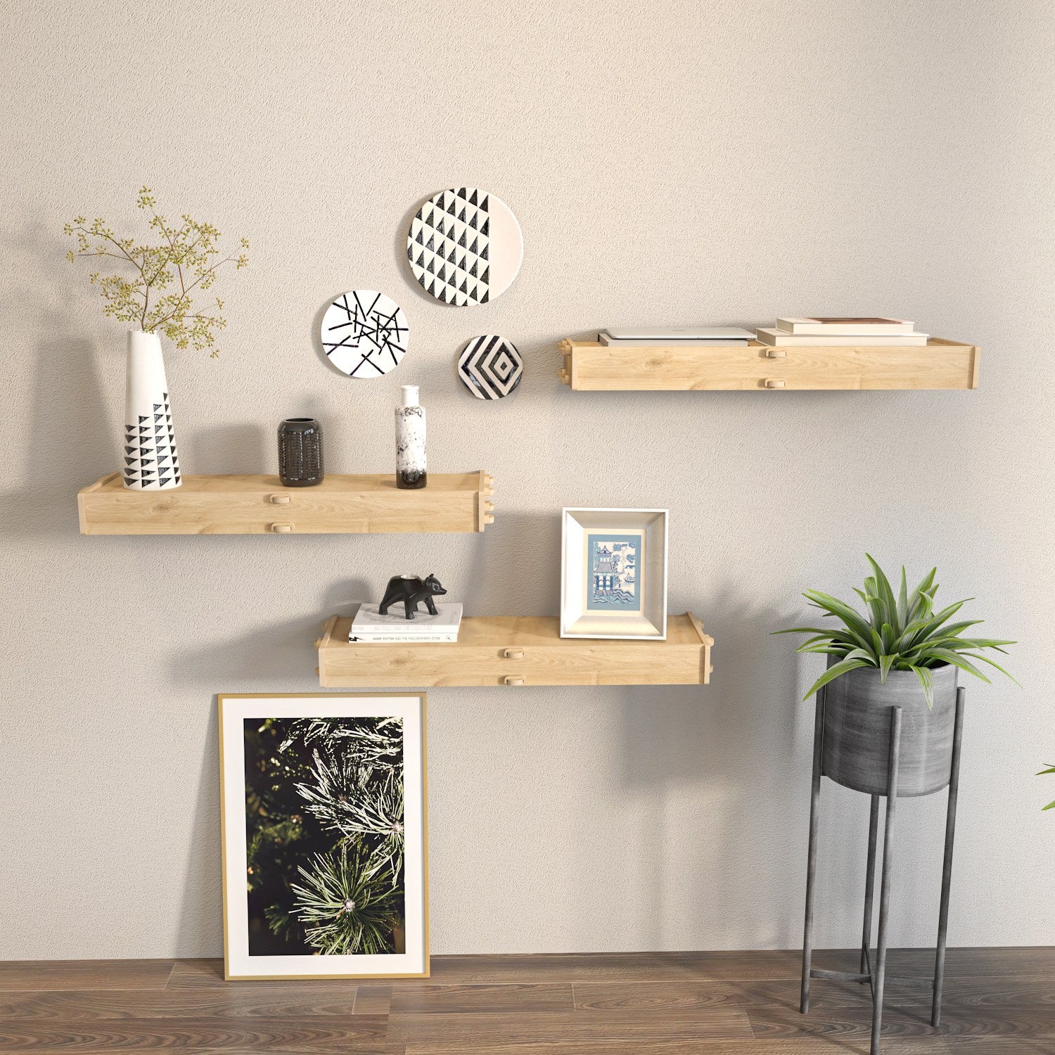 Prateleira de parede elegante em carvalho, 61,5 x 6,5 x 19,5 cm | Painel de partículas 100% revestido em melamina, 8 mm de espessura | Perfeito para decoração moderna e soluções de armazenamento