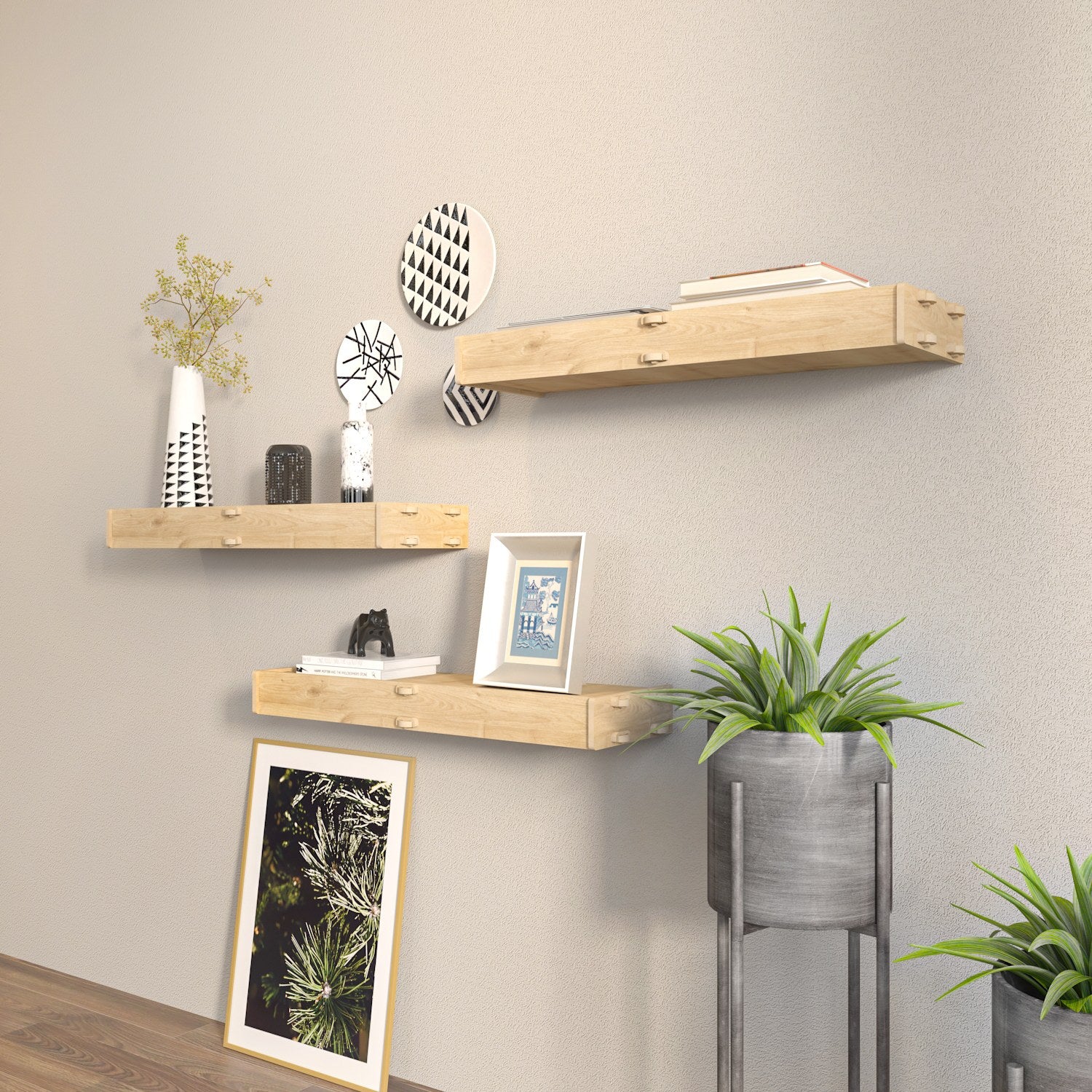 Prateleira de parede elegante em carvalho, 61,5 x 6,5 x 19,5 cm | Painel de partículas 100% revestido em melamina, 8 mm de espessura | Perfeito para decoração moderna e soluções de armazenamento