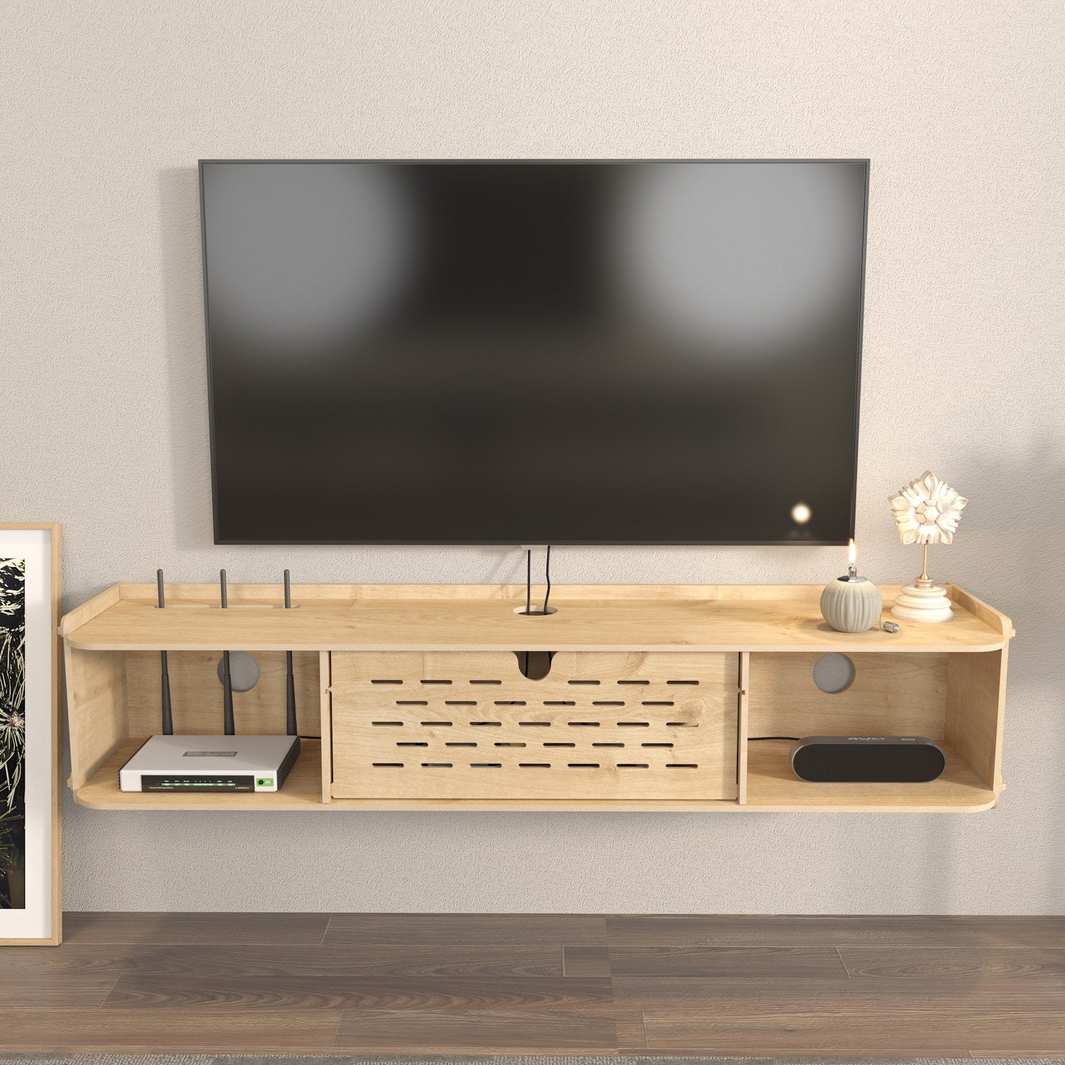 Suporte de TV elegante em carvalho, 116,5 cm de largura, 19,5 cm de altura, 24,5 cm de profundidade | Painel de partículas 100% revestido em melamina, 8 mm de espessura | Perfeito para salas de estar modernas