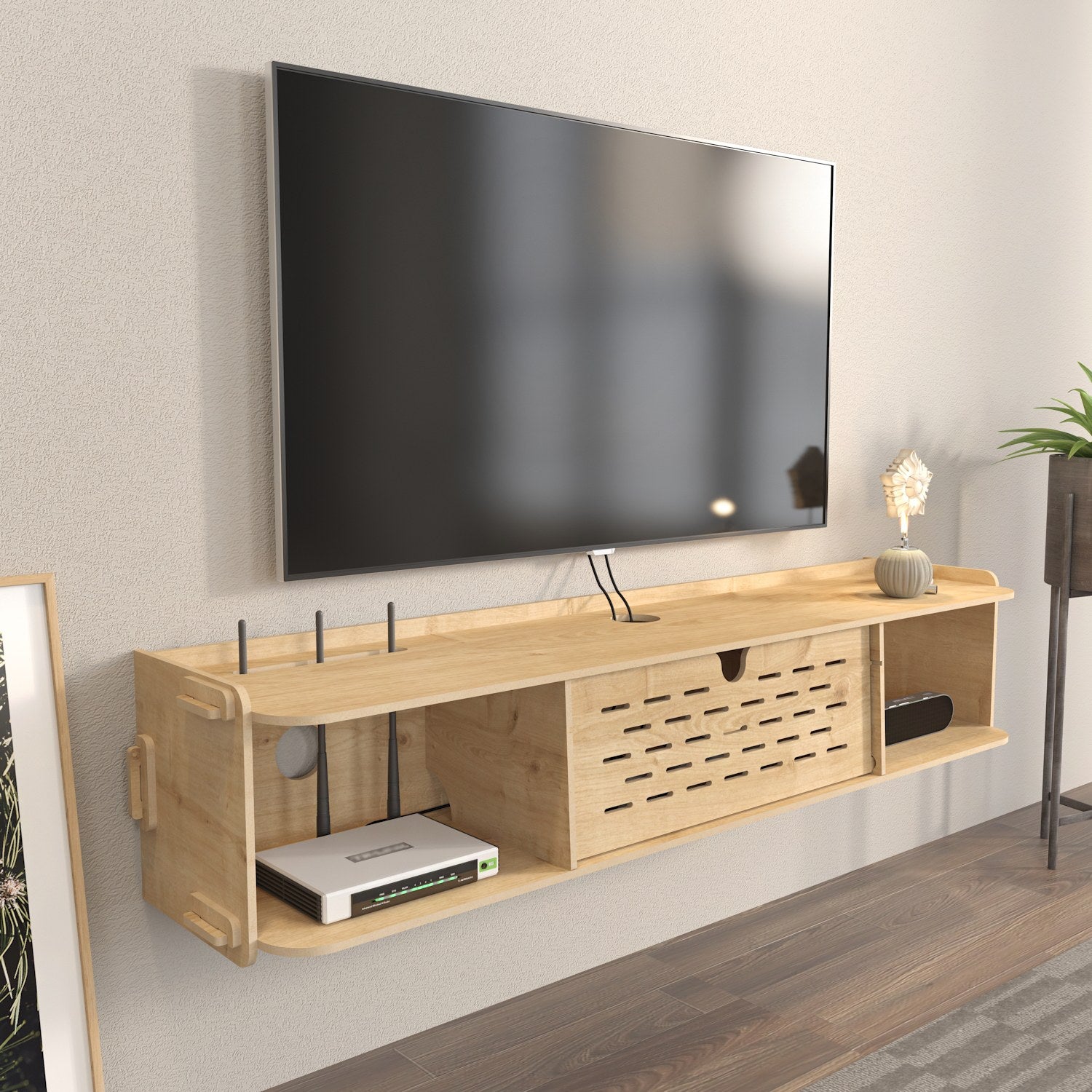 Suporte de TV elegante em carvalho, 116,5 cm de largura, 19,5 cm de altura, 24,5 cm de profundidade | Painel de partículas 100% revestido em melamina, 8 mm de espessura | Perfeito para salas de estar modernas