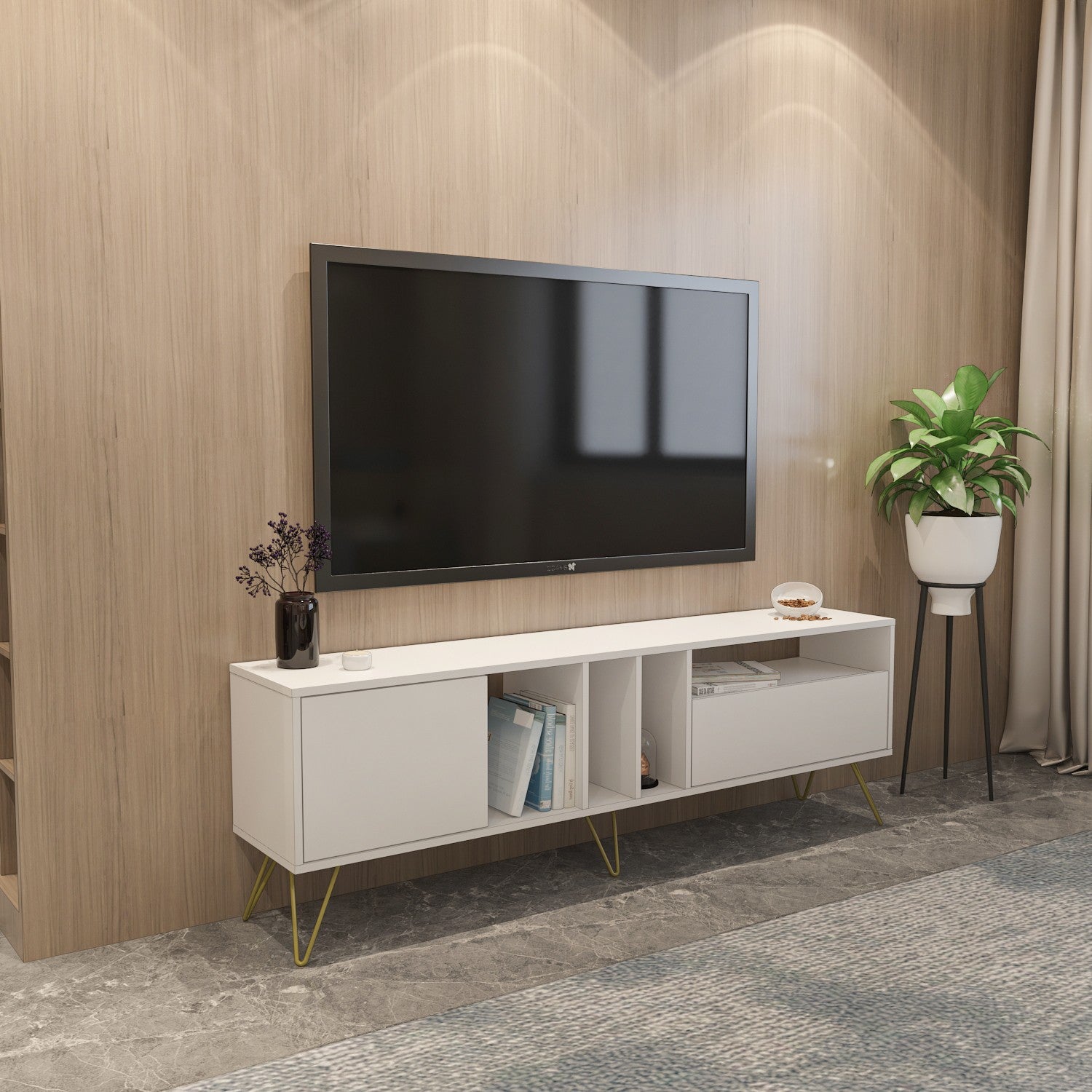 Suporte de TV elegante com pernas de metal, branco e dourado, 180 cm | Painel de partículas 100% revestido de melamina, 18 mm de espessura | Montável na parede, várias prateleiras, solução de armazenamento elegante
