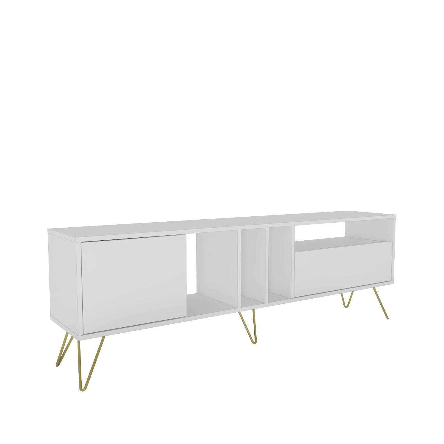 Suporte de TV elegante com pernas de metal, branco e dourado, 180 cm | Painel de partículas 100% revestido de melamina, 18 mm de espessura | Montável na parede, várias prateleiras, solução de armazenamento elegante