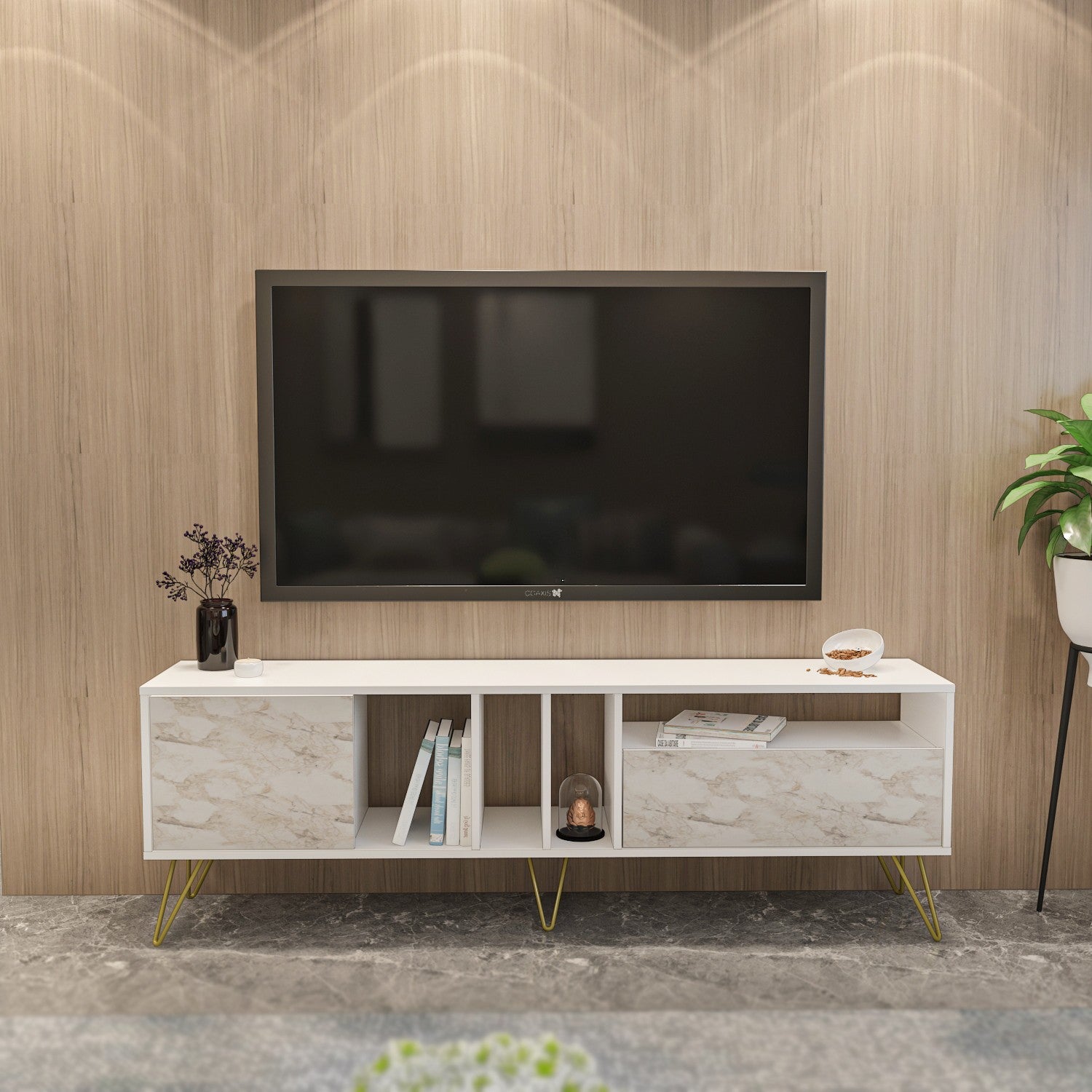 Suporte de TV elegante com pernas de metal, Éfeso e dourado, 180 x 58,7 x 35,5 cm | 100% revestido em melamina, 18 mm de espessura | Montável na parede, várias prateleiras, armazenamento extra