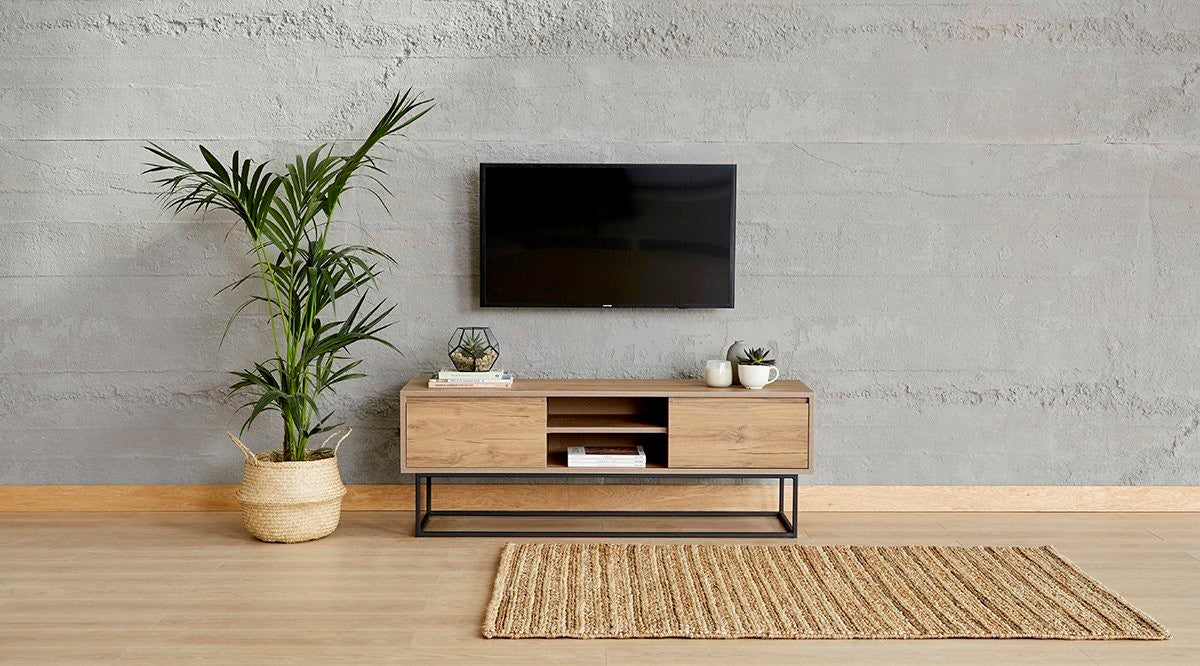 Suporte de TV moderno com pés de metal, nogueira e preto, 140 cm | Painel de partículas 100% revestido de melamina, 2 gavetas, montável na parede, design elegante e funcional
