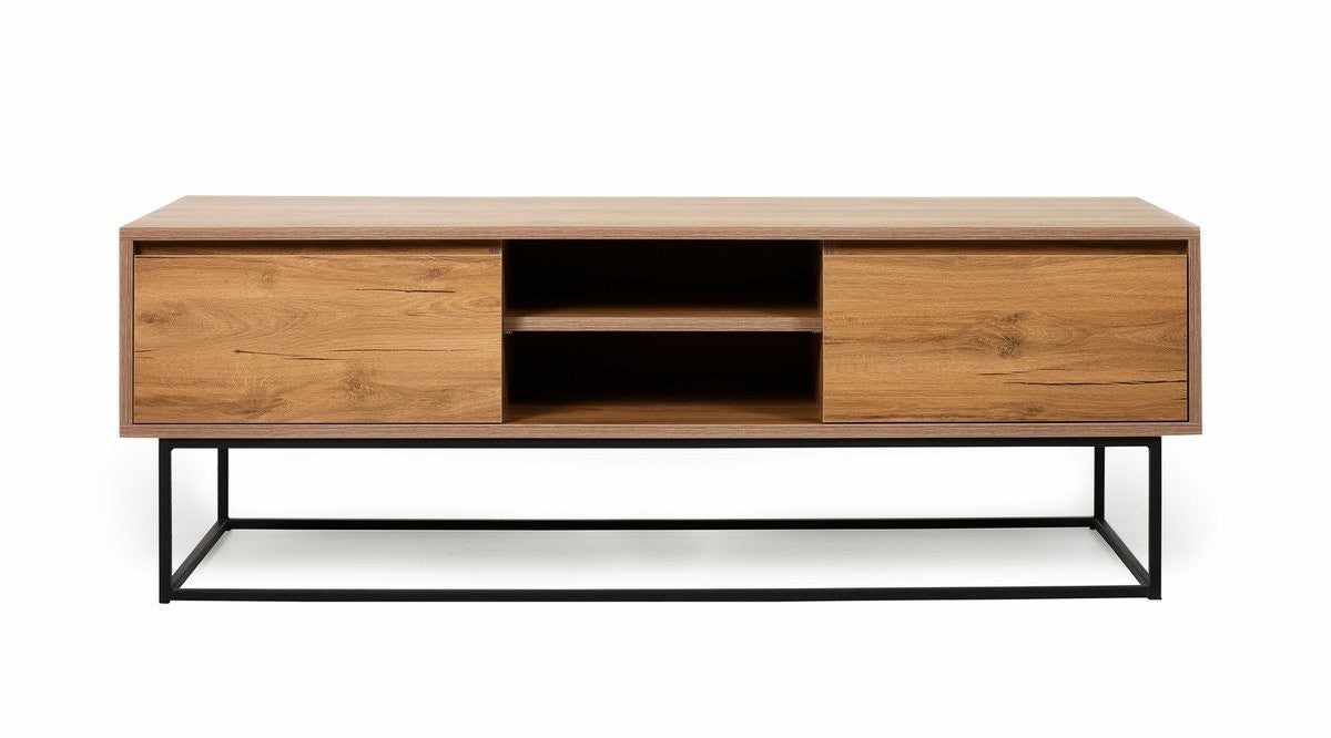 Suporte de TV moderno com pés de metal, nogueira e preto, 140 cm | Painel de partículas 100% revestido de melamina, 2 gavetas, montável na parede, design elegante e funcional