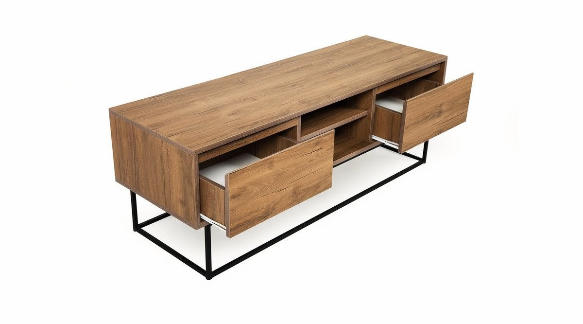 Suporte de TV moderno com pés de metal, nogueira e preto, 140 cm | Painel de partículas 100% revestido de melamina, 2 gavetas, montável na parede, design elegante e funcional