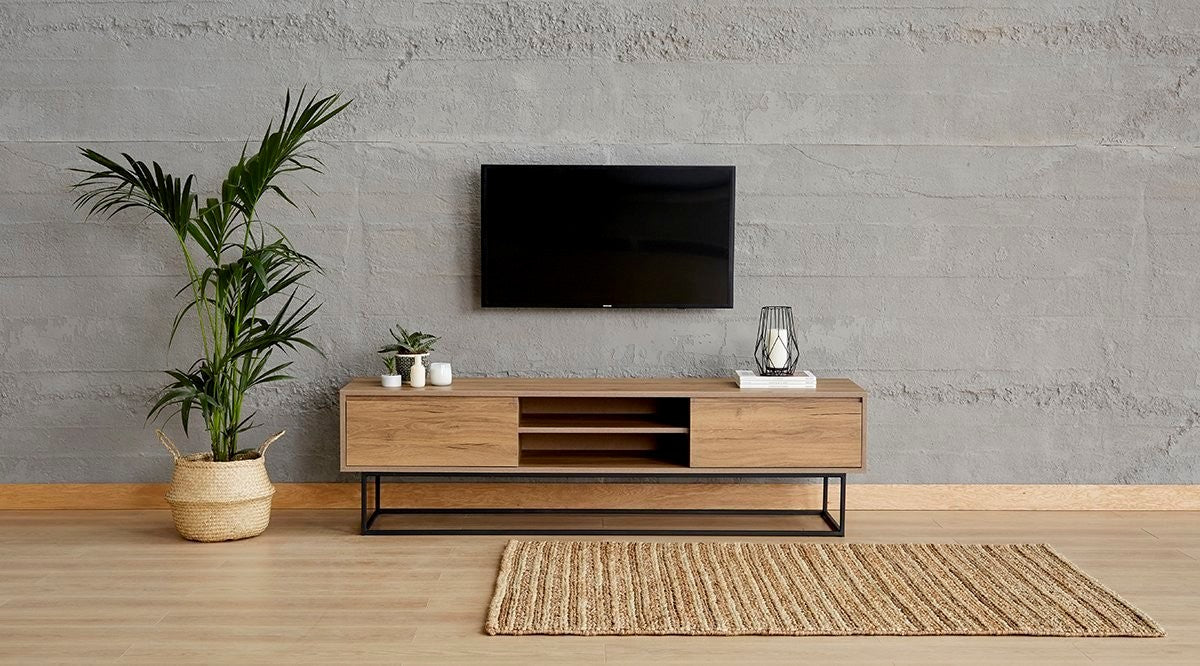 Suporte de TV moderno com pés de metal, nogueira e preto, 180 cm | Painel de partículas 100% revestido de melamina, 2 gavetas, montável na parede, design elegante e funcional