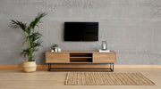Suporte de TV moderno com pés de metal, nogueira e preto, 180 cm | Painel de partículas 100% revestido de melamina, 2 gavetas, montável na parede, design elegante e funcional