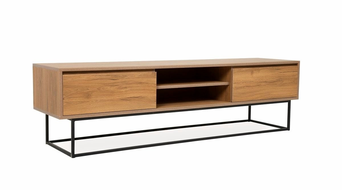 Suporte de TV moderno com pés de metal, nogueira e preto, 180 cm | Painel de partículas 100% revestido de melamina, 2 gavetas, montável na parede, design elegante e funcional