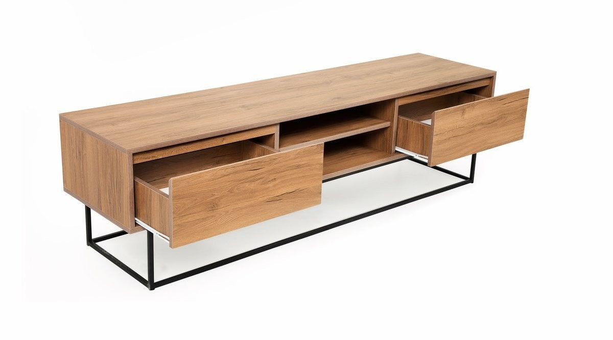 Suporte de TV moderno com pés de metal, nogueira e preto, 180 cm | Painel de partículas 100% revestido de melamina, 2 gavetas, montável na parede, design elegante e funcional