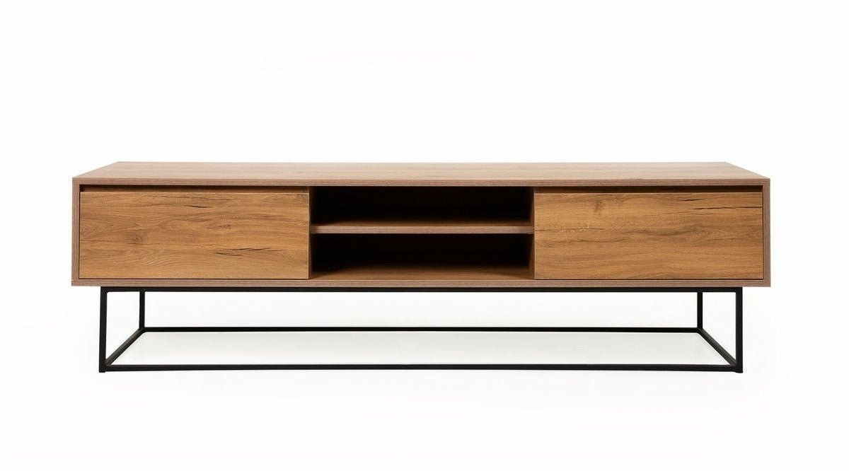 Suporte de TV moderno com pés de metal, nogueira e preto, 180 cm | Painel de partículas 100% revestido de melamina, 2 gavetas, montável na parede, design elegante e funcional