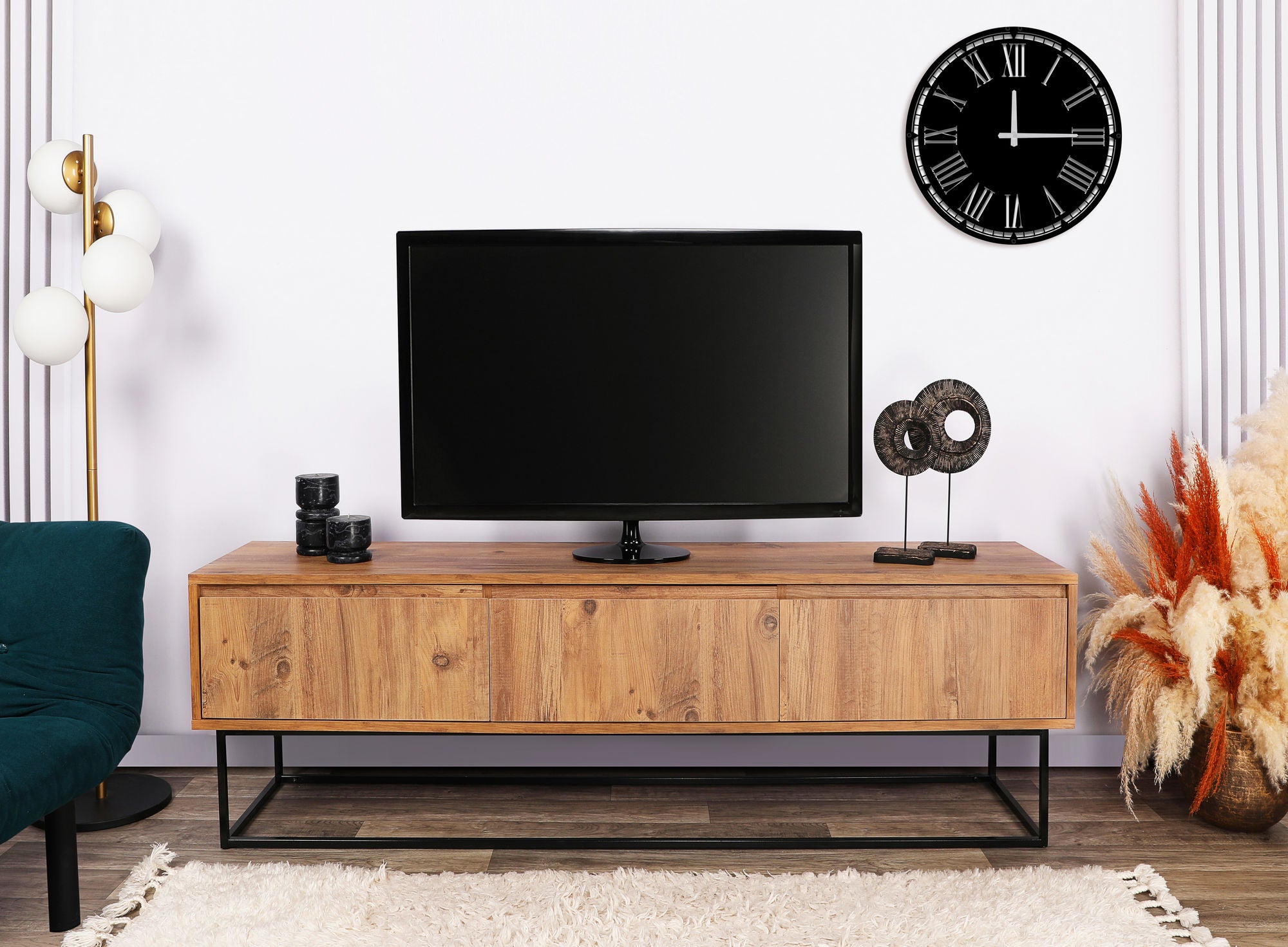 Suporte de TV moderno com 3 gavetas, nogueira e preto, 140 cm | Painel de partículas 100% revestido em melamina, pés de metal | Elegante e funcional para sala de estar