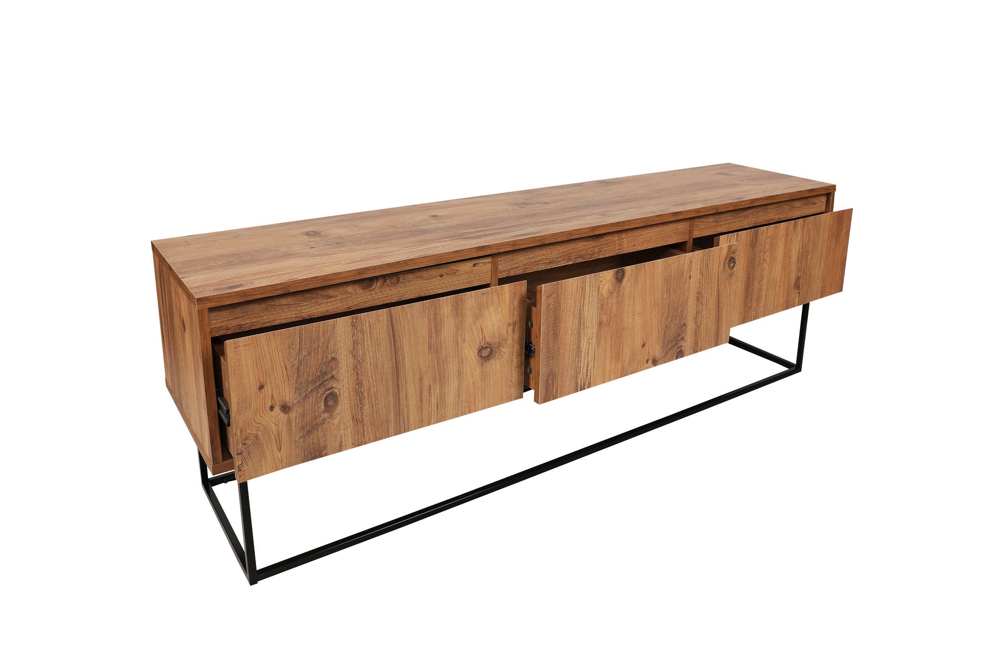 Suporte de TV moderno com 3 gavetas, nogueira e preto, 140 cm | Painel de partículas 100% revestido em melamina, pés de metal | Elegante e funcional para sala de estar