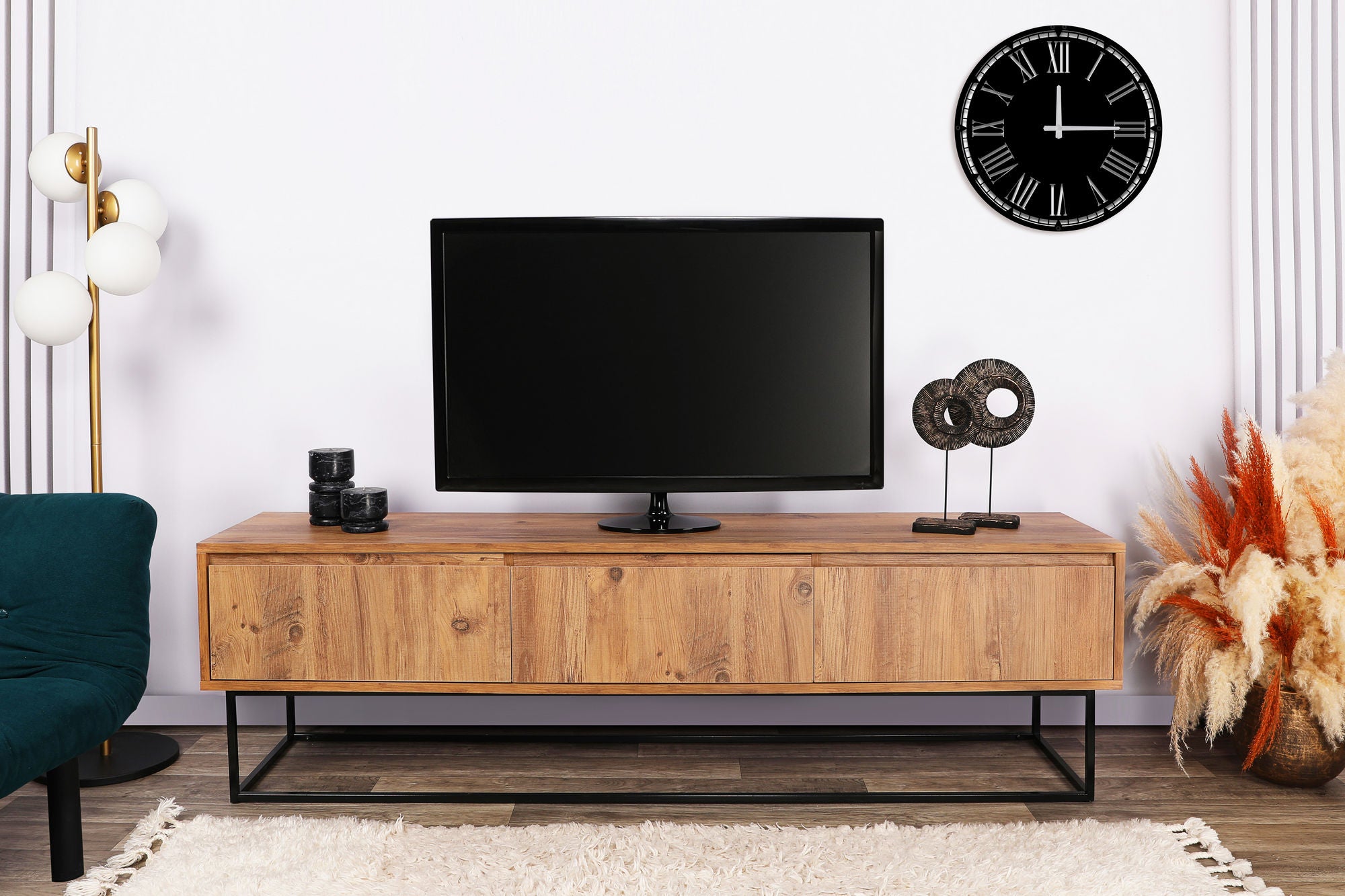 Suporte de TV moderno com 3 gavetas e prateleiras, nogueira e preto, 180 cm | Painel de partículas 100% revestido de melamina, pernas de metal, montagem na parede, design industrial