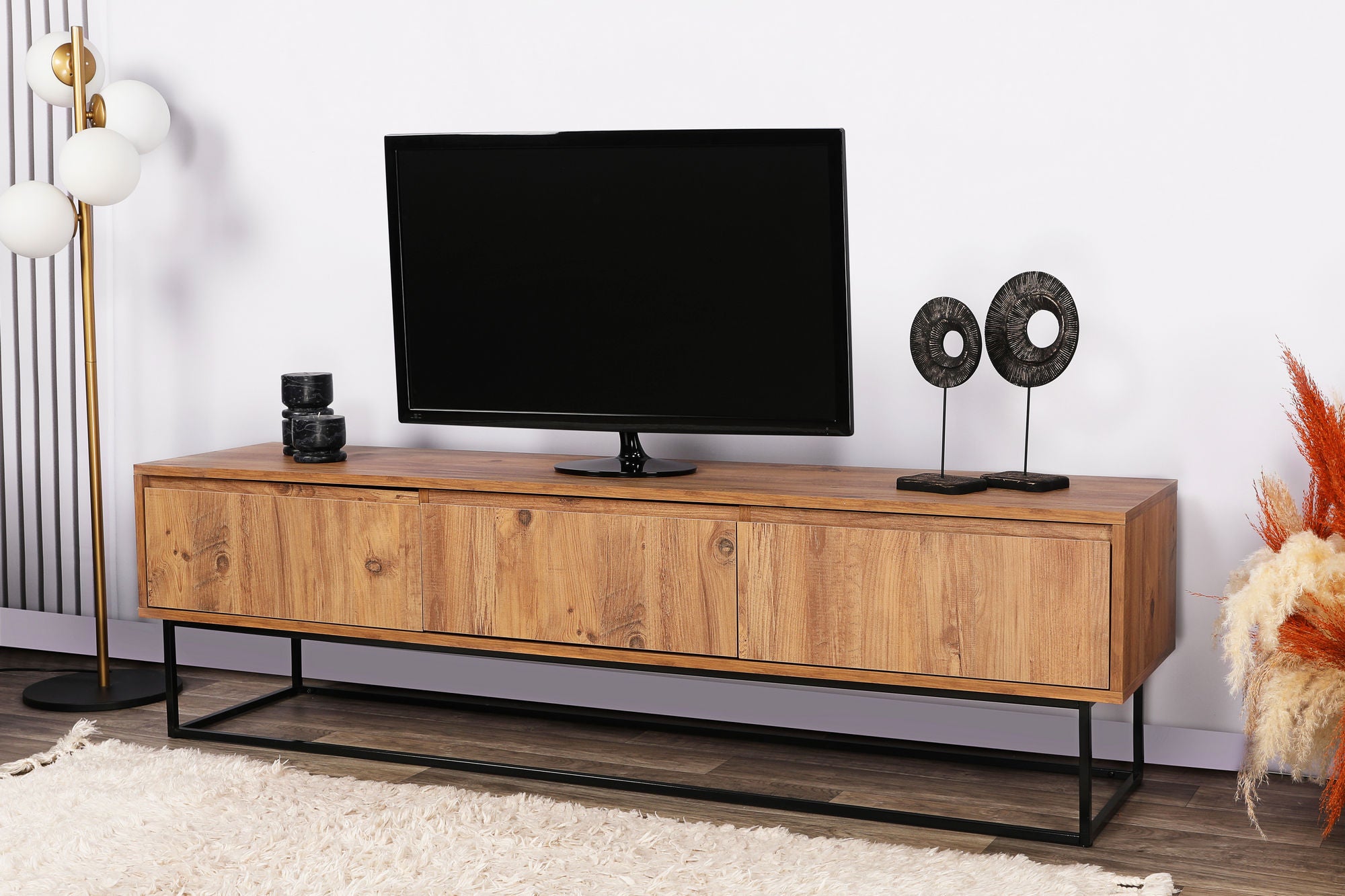 Suporte de TV moderno com 3 gavetas e prateleiras, nogueira e preto, 180 cm | Painel de partículas 100% revestido de melamina, pernas de metal, montagem na parede, design industrial