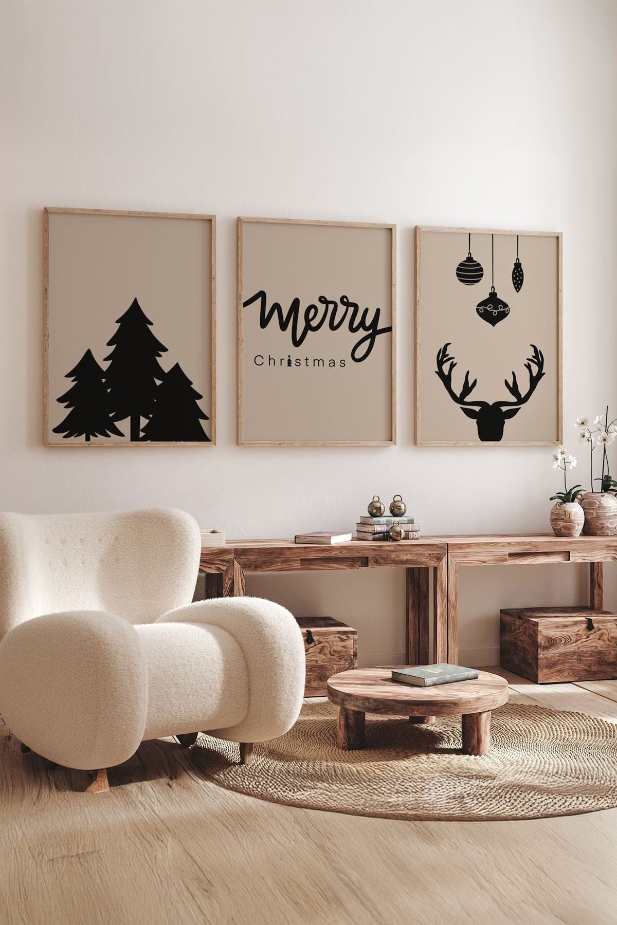 Conjunto de 3 Quadros Decorativos Multicolor em Madeira Maciça - Arte Digital Emoldurada 33x48cm