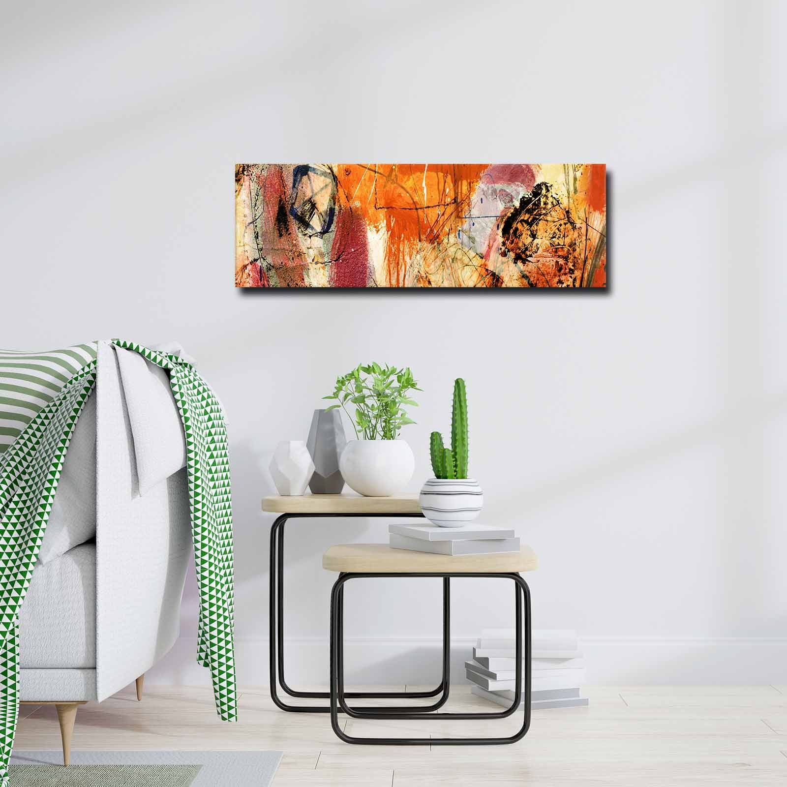 Quadro Decorativo em Tela Multicolor 30x90cm com Moldura de Pinho - Arte Moderna para Decoração de Interiores