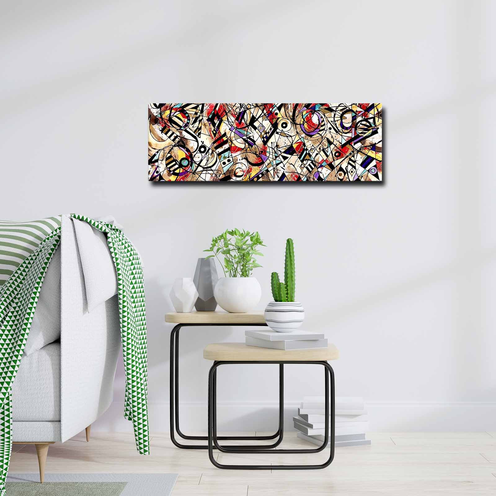 Quadro Decorativo em Tela Multicolor 30x90cm com Moldura de Pinho - Arte Moderna para Decoração de Interiores