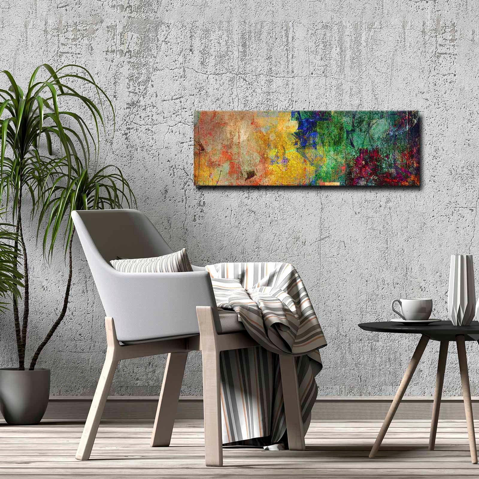Quadro Decorativo em Tela Multicolor 30x90cm com Moldura de Pinho - Arte Moderna para Decoração de Interiores
