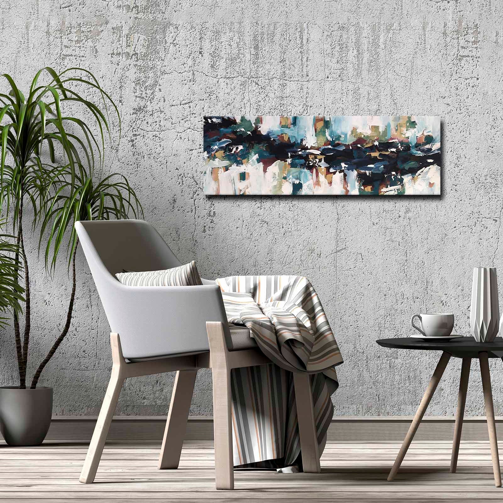 Quadro Decorativo em Tela Multicolor 30x90cm com Moldura de Pinho - Arte Moderna para Decoração de Interiores