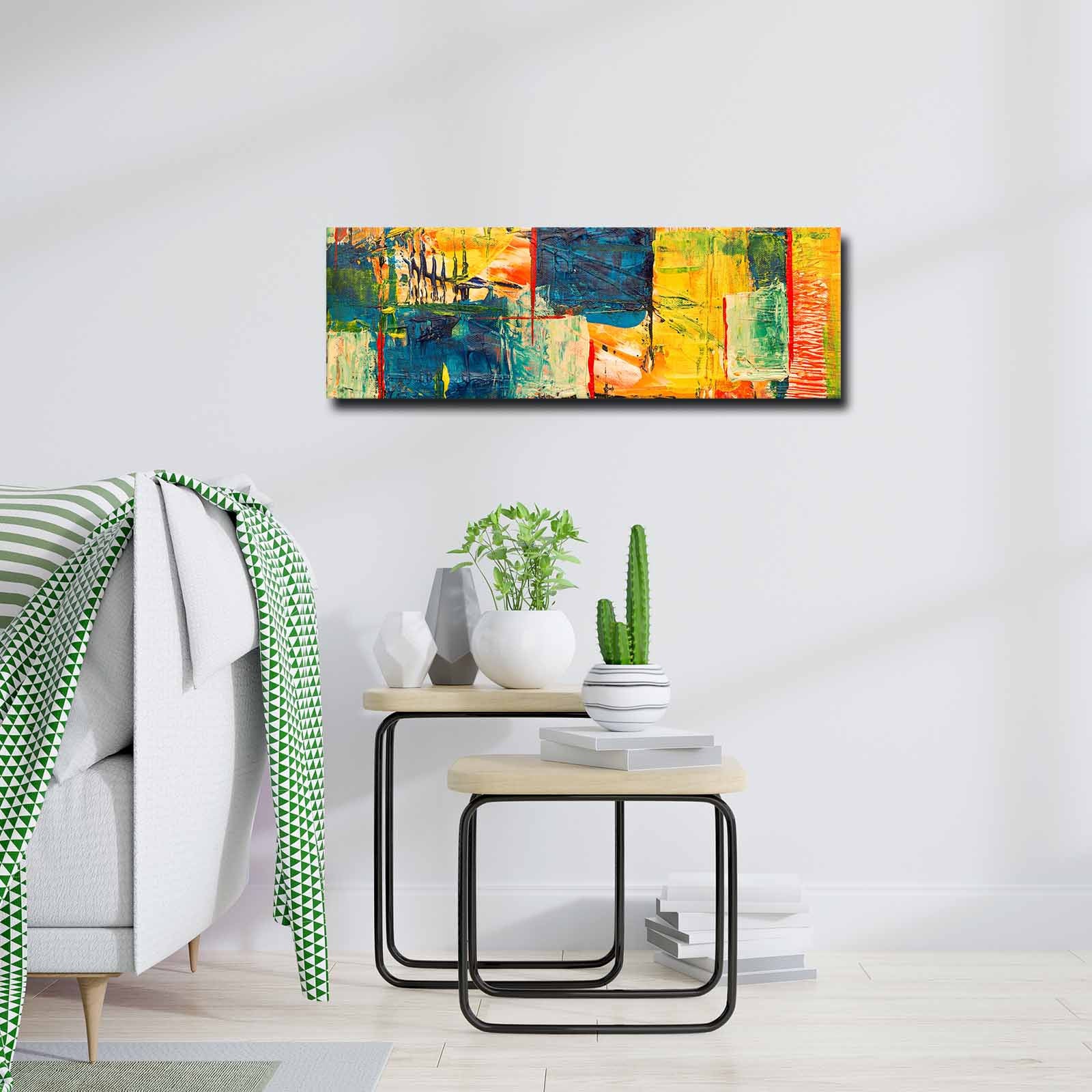 Quadro Decorativo em Tela Multicolor 30x90cm com Moldura de Pinho - Arte Moderna para Decoração de Interiores