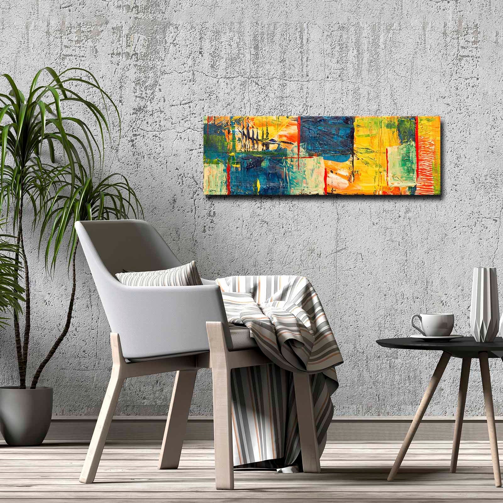 Quadro Decorativo em Tela Multicolor 30x90cm com Moldura de Pinho - Arte Moderna para Decoração de Interiores