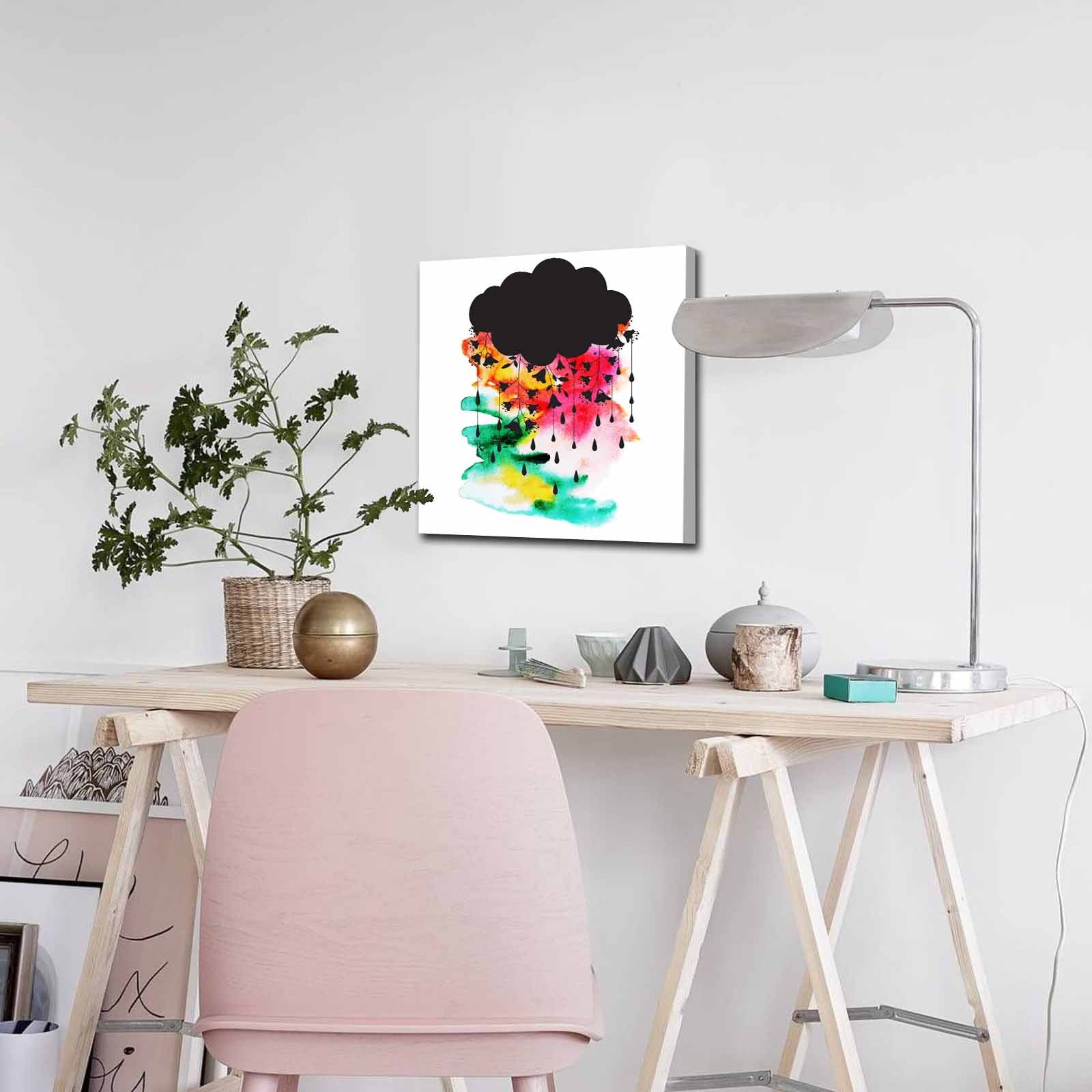 Quadro Decorativo em Tela 45x45cm - Pintura Multicolor com Moldura de Pinho Natural