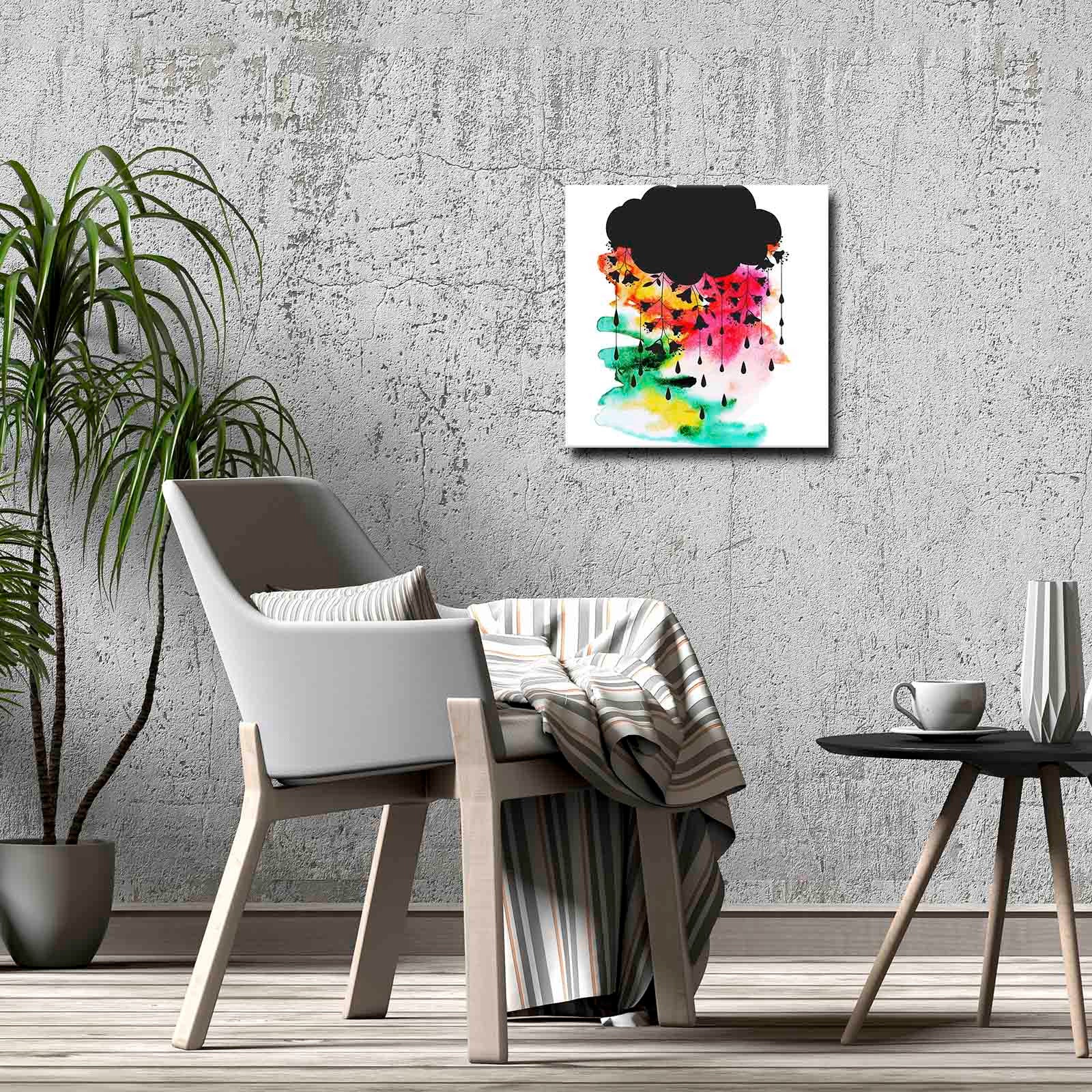 Quadro Decorativo em Tela 45x45cm - Pintura Multicolor com Moldura de Pinho Natural