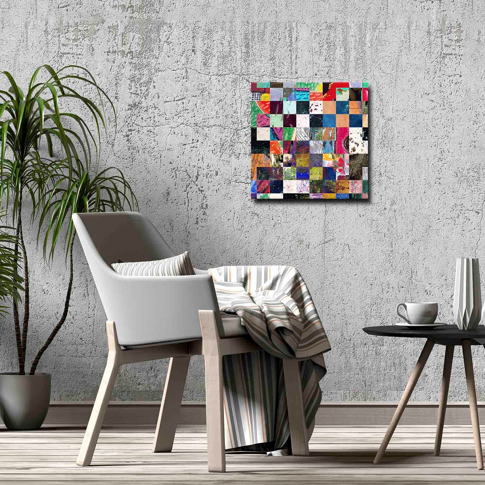 Quadro Decorativo em Tela 45x45cm - Pintura Multicolor com Moldura de Pinho Natural