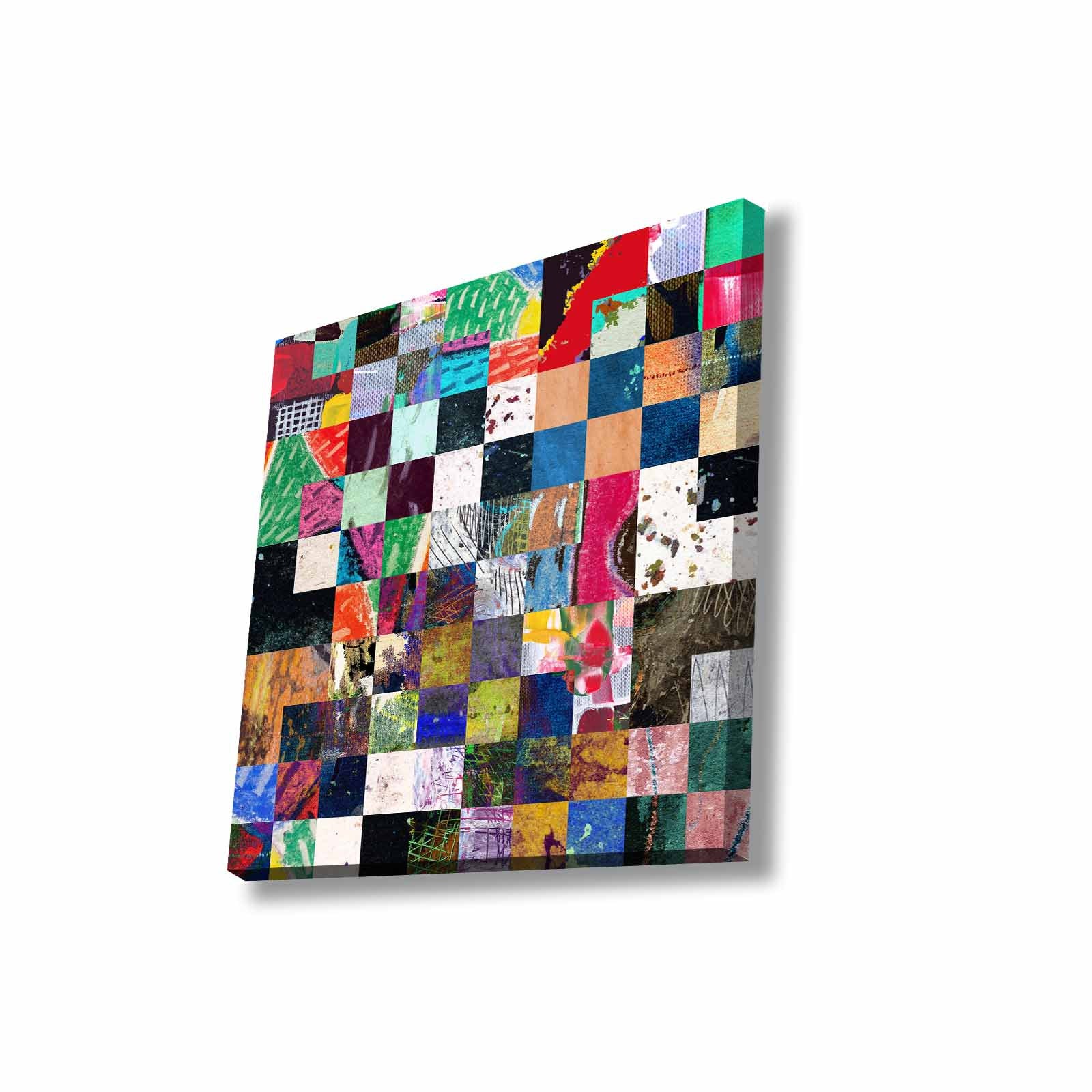 Quadro Decorativo em Tela 45x45cm - Pintura Multicolor com Moldura de Pinho Natural