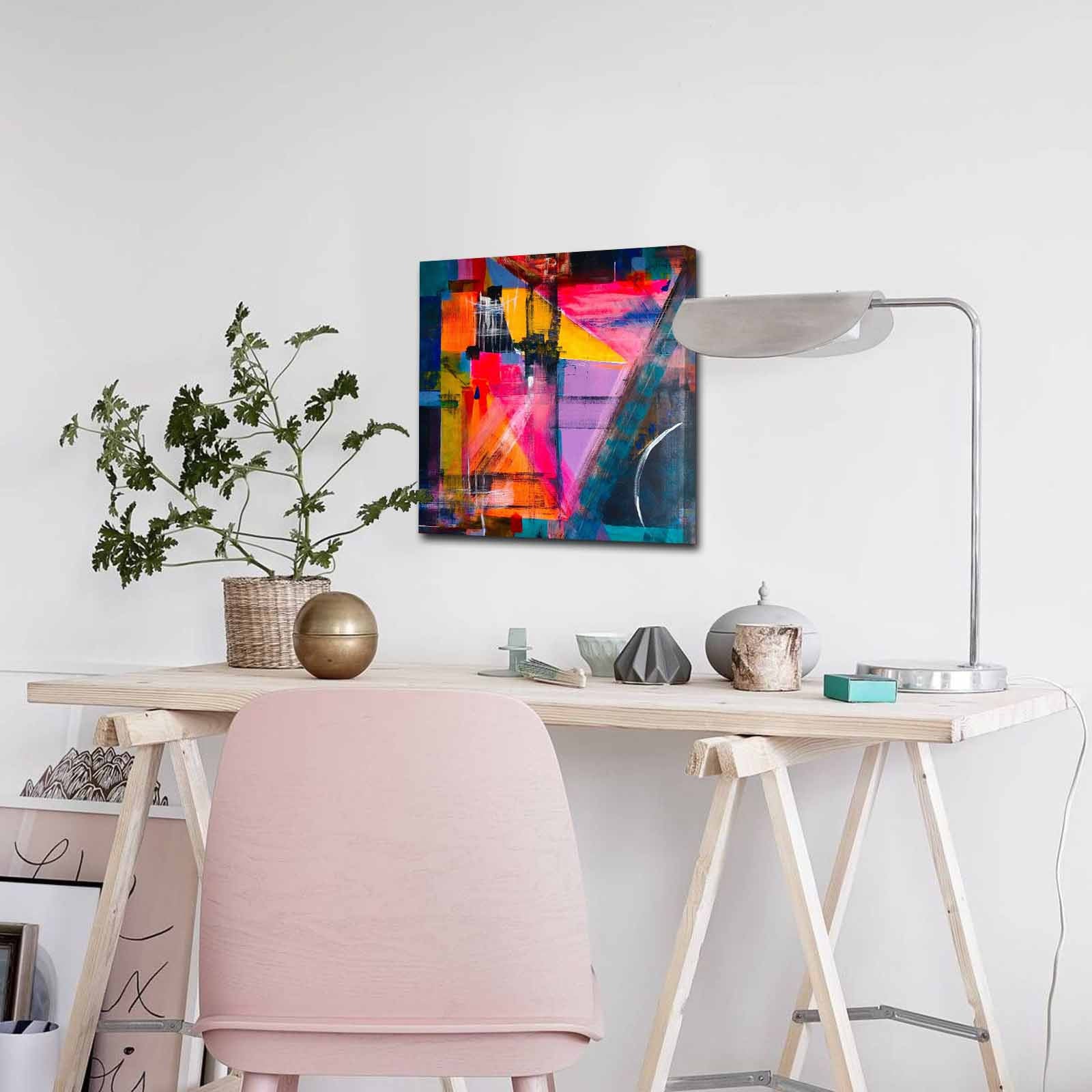 Quadro Decorativo em Tela 45x45cm - Pintura Multicolor com Moldura de Pinho Natural