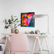 Quadro Decorativo em Tela 45x45cm - Pintura Multicolor com Moldura de Pinho Natural