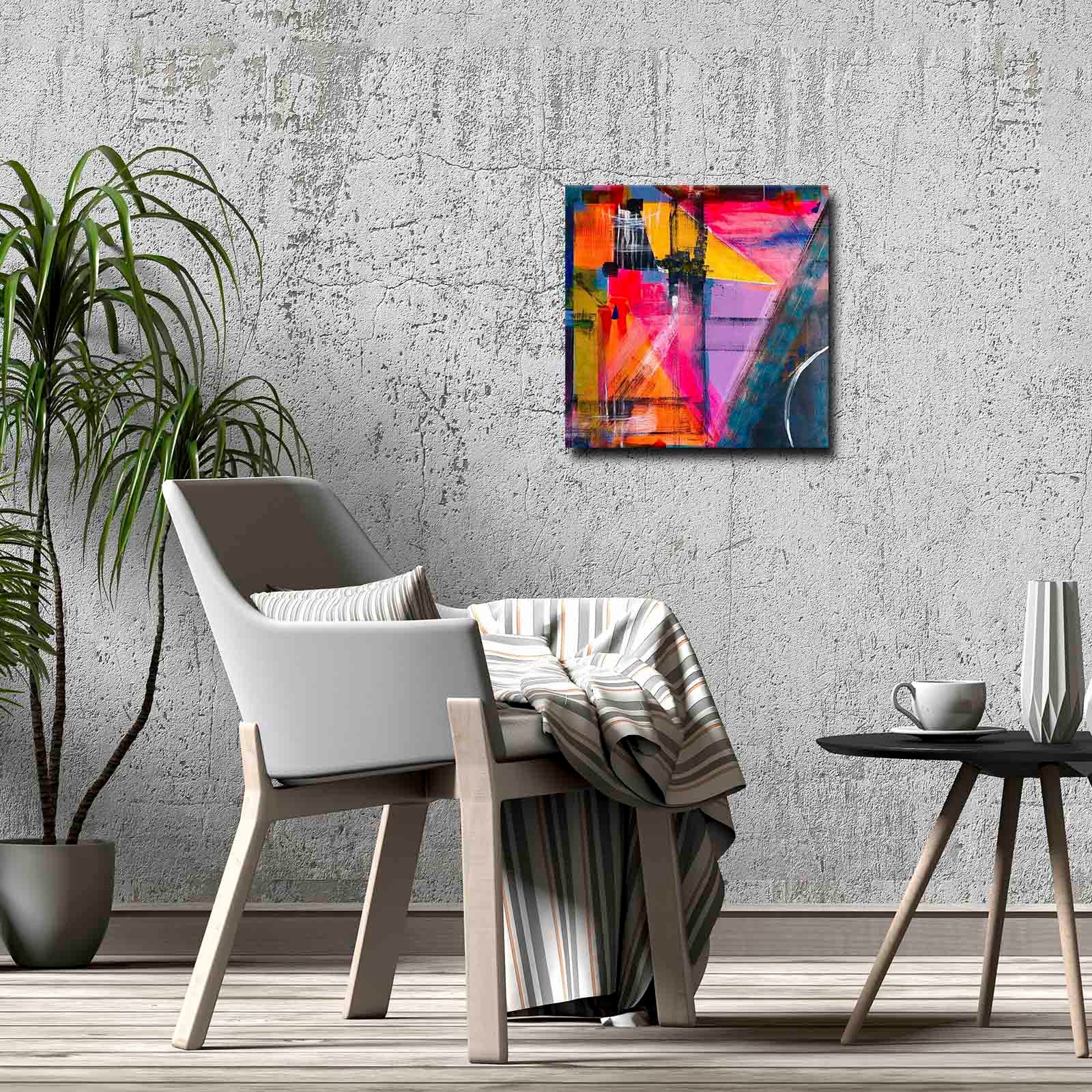 Quadro Decorativo em Tela 45x45cm - Pintura Multicolor com Moldura de Pinho Natural