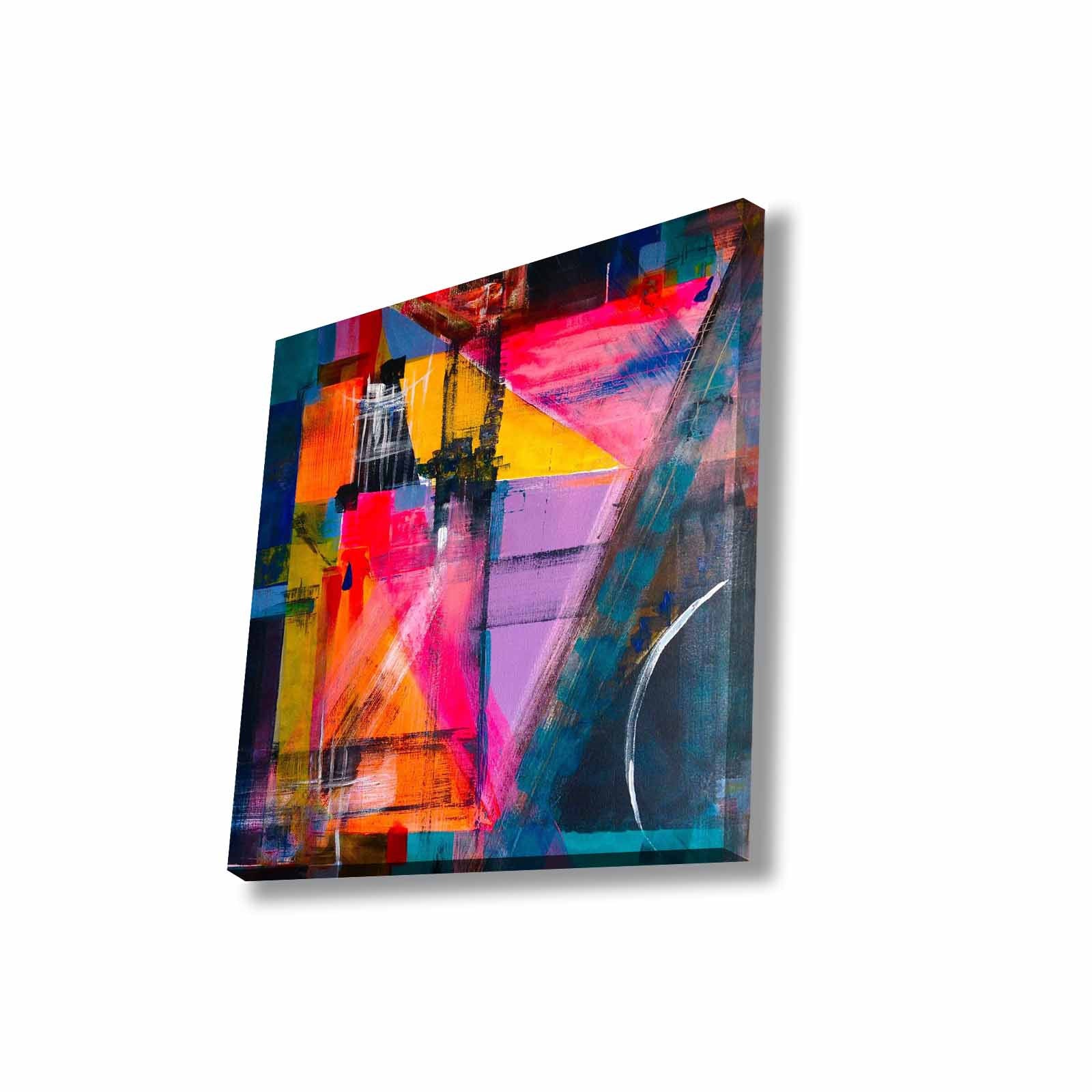 Quadro Decorativo em Tela 45x45cm - Pintura Multicolor com Moldura de Pinho Natural