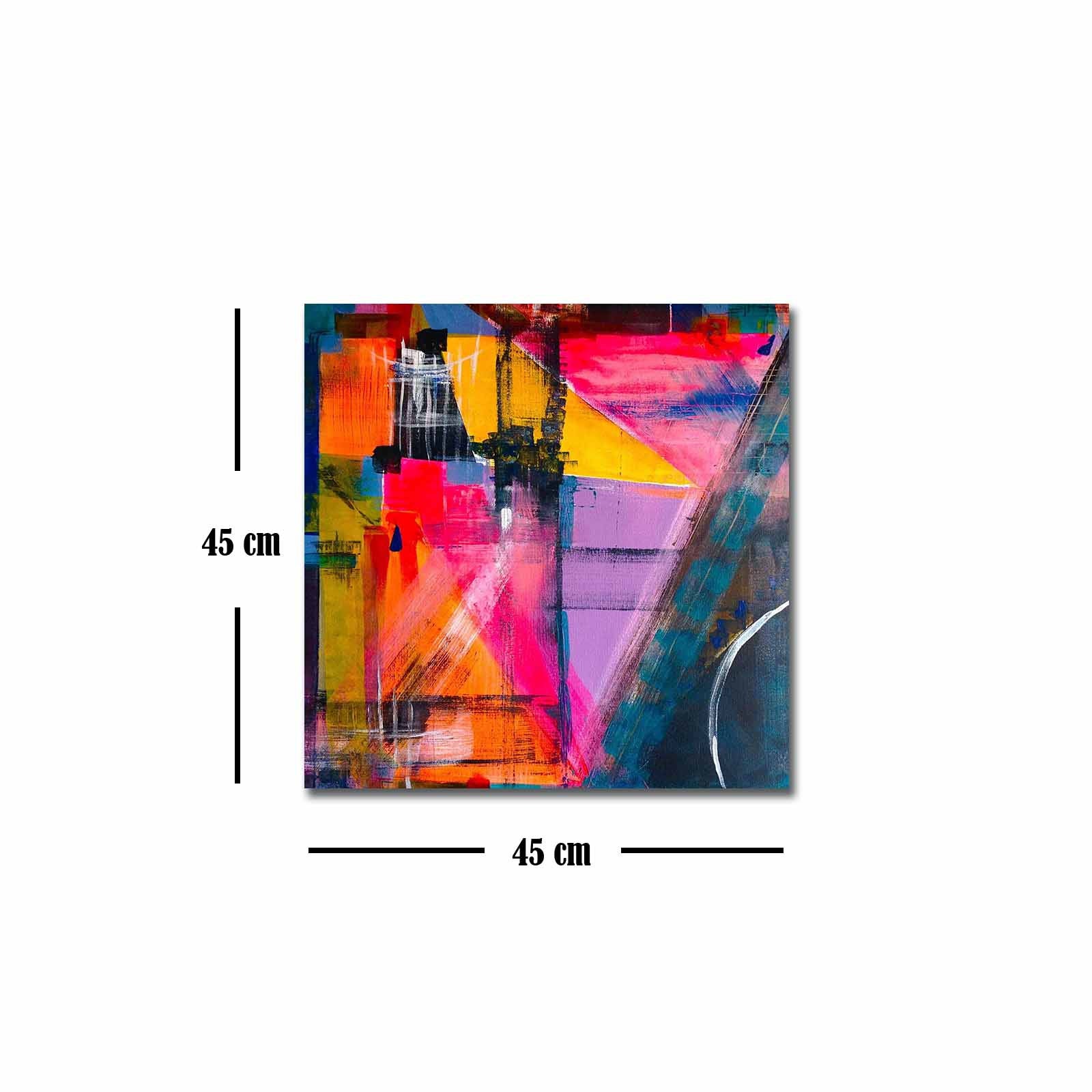 Quadro Decorativo em Tela 45x45cm - Pintura Multicolor com Moldura de Pinho Natural