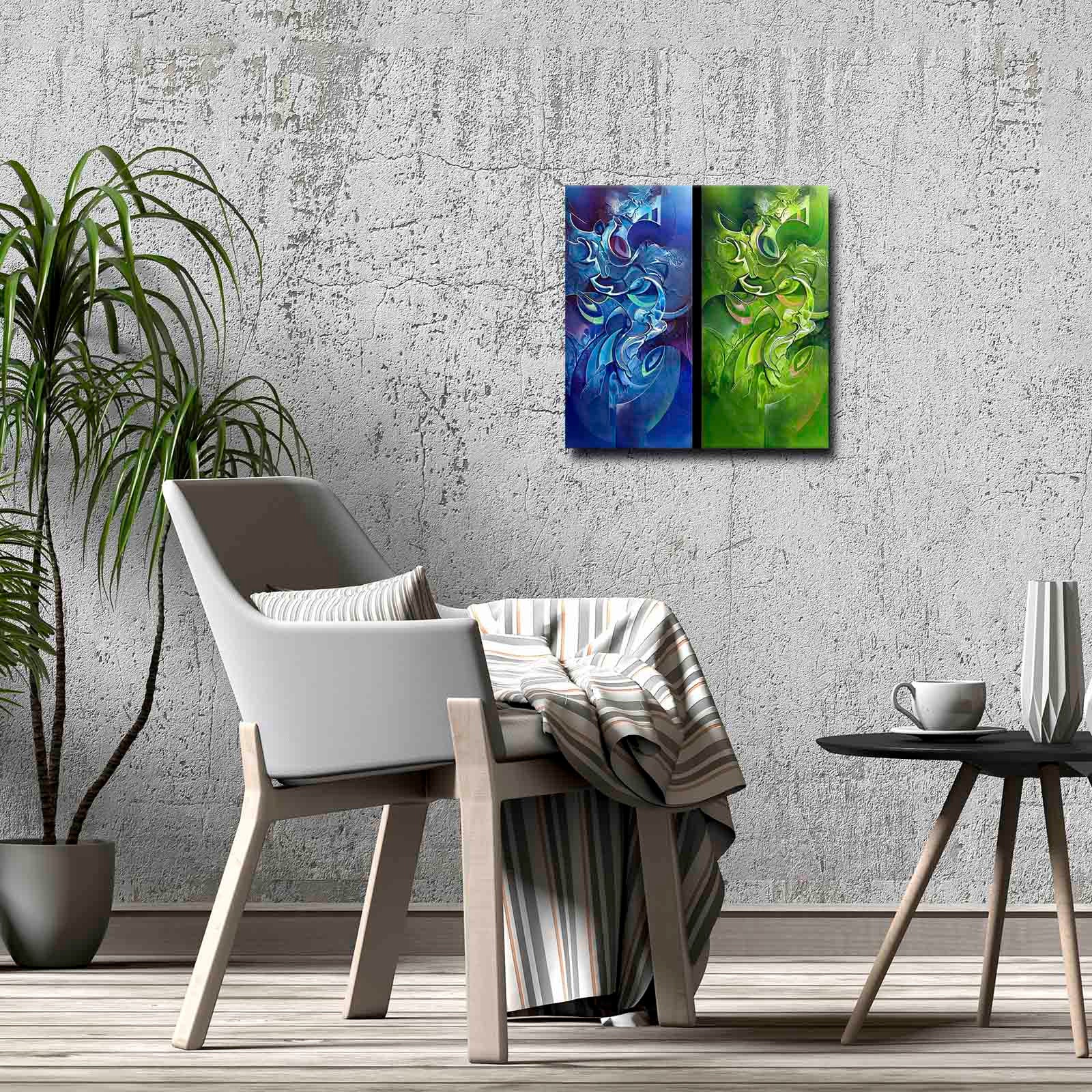 Quadro Decorativo em Tela 45x45cm - Pintura Multicolor com Moldura de Pinho Natural