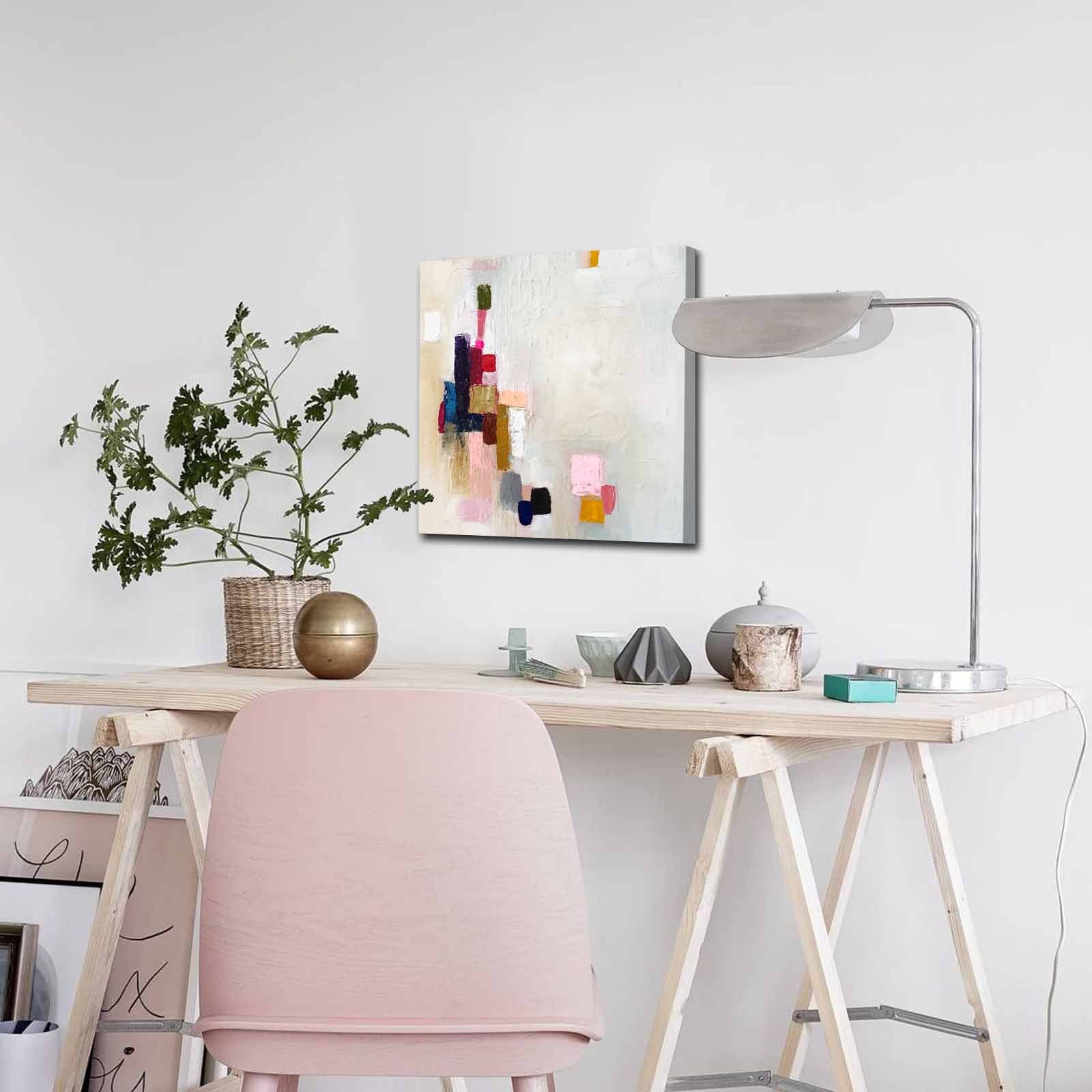 Quadro Decorativo em Tela 45x45cm - Pintura Multicolor com Moldura de Pinho Natural