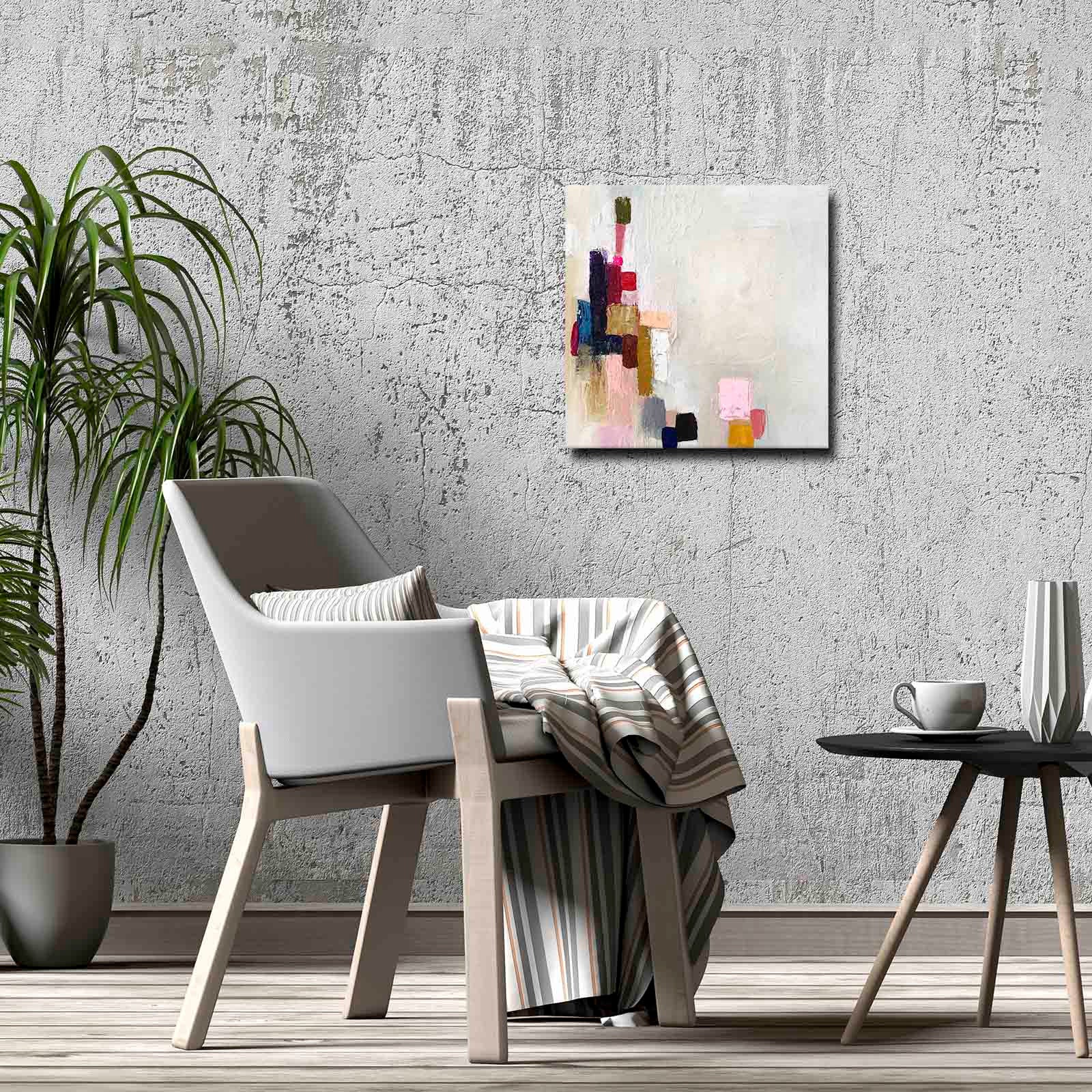 Quadro Decorativo em Tela 45x45cm - Pintura Multicolor com Moldura de Pinho Natural