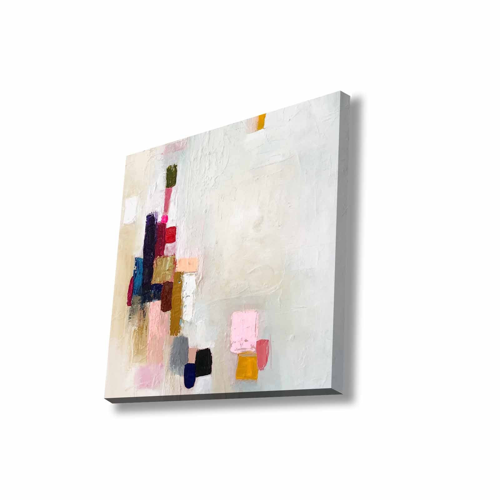 Quadro Decorativo em Tela 45x45cm - Pintura Multicolor com Moldura de Pinho Natural