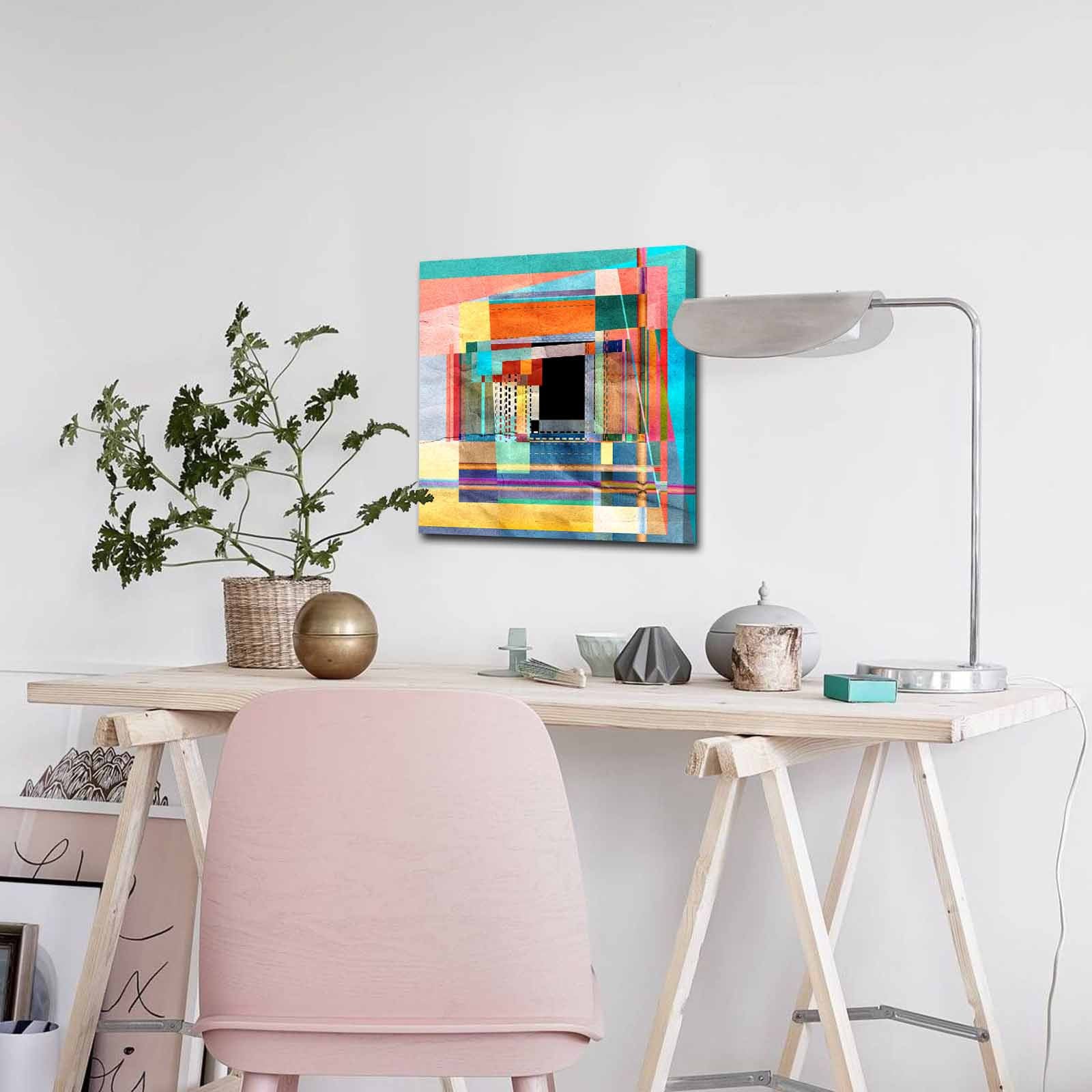 Quadro Decorativo em Tela 45x45cm - Pintura Multicolor com Moldura de Pinho Natural