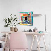 Quadro Decorativo em Tela 45x45cm - Pintura Multicolor com Moldura de Pinho Natural